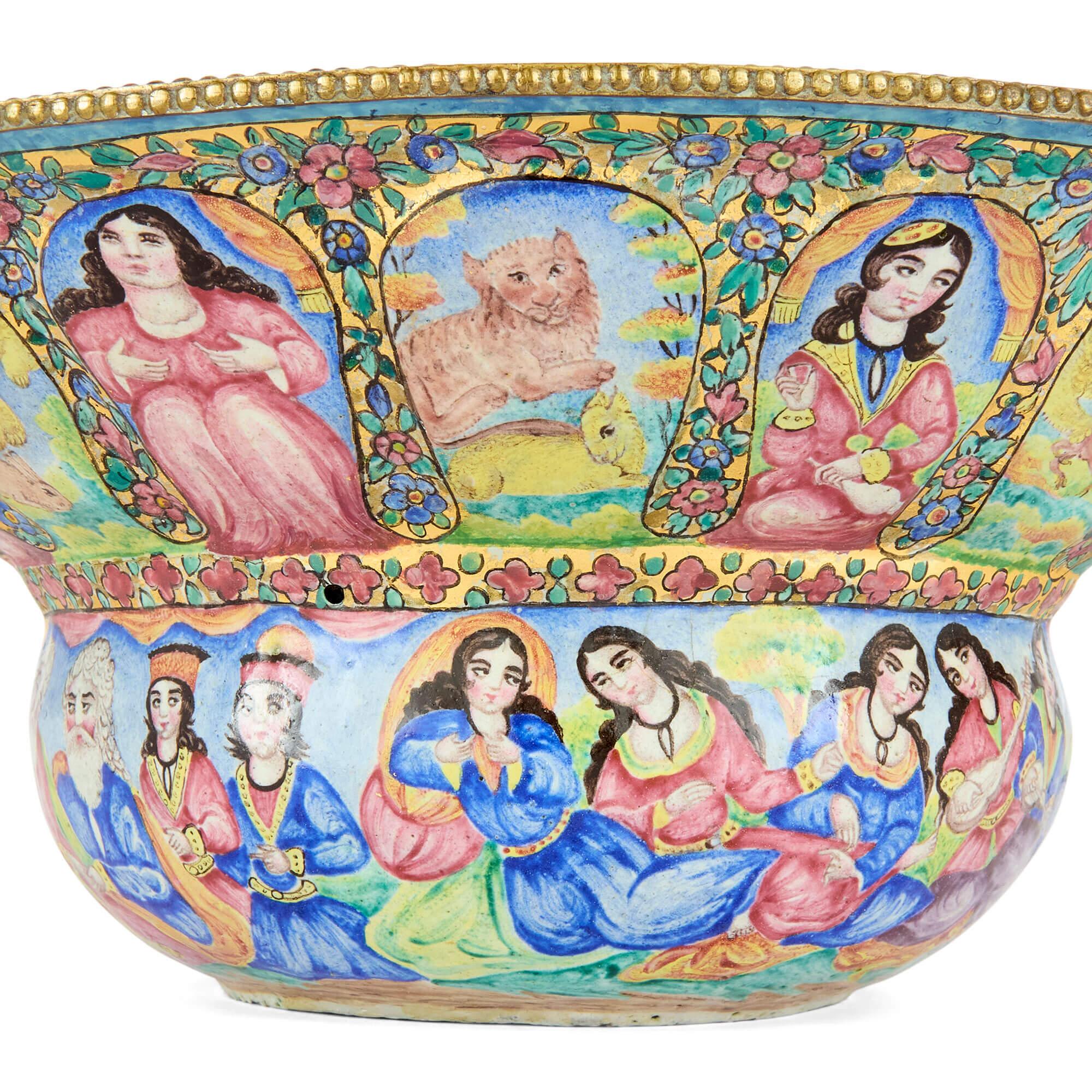 Metallo Vaso persiano Qajar antico in metallo smaltato Minakari in vendita