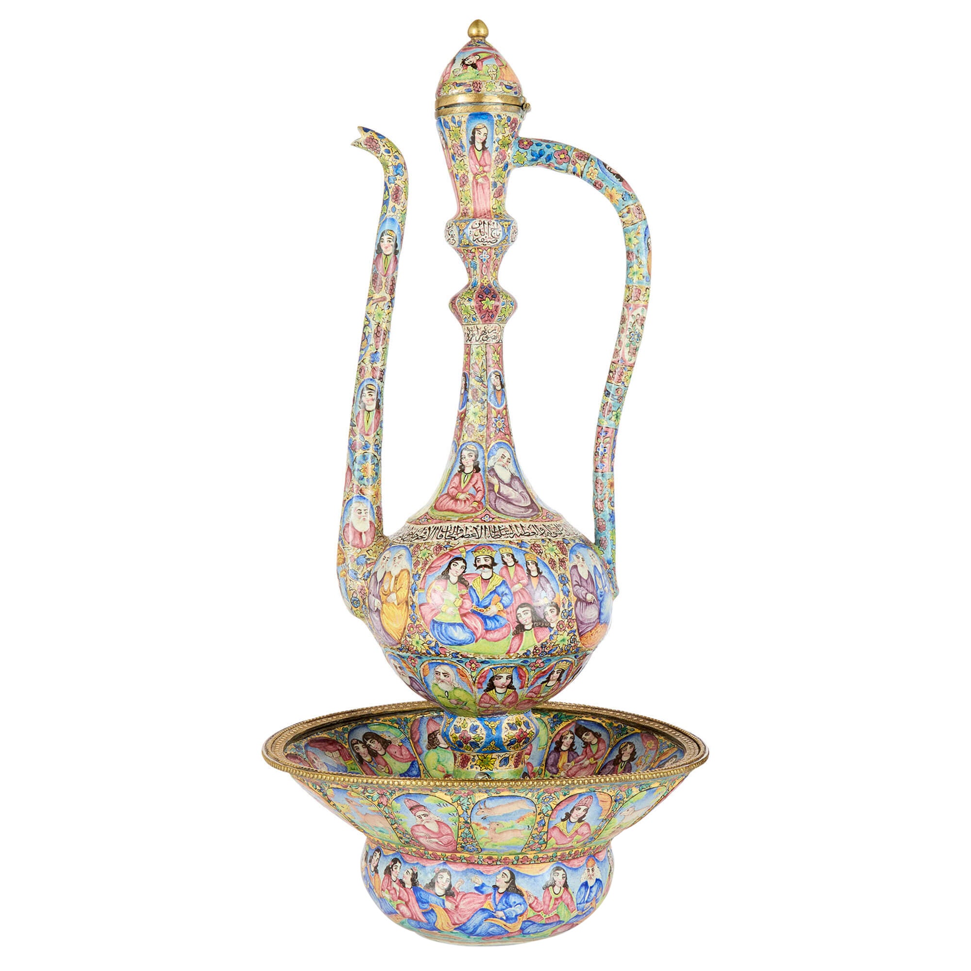 Vaso persiano Qajar antico in metallo smaltato Minakari in vendita