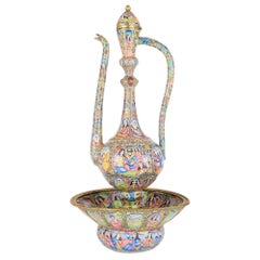 Vaso persiano Qajar antico in metallo smaltato Minakari