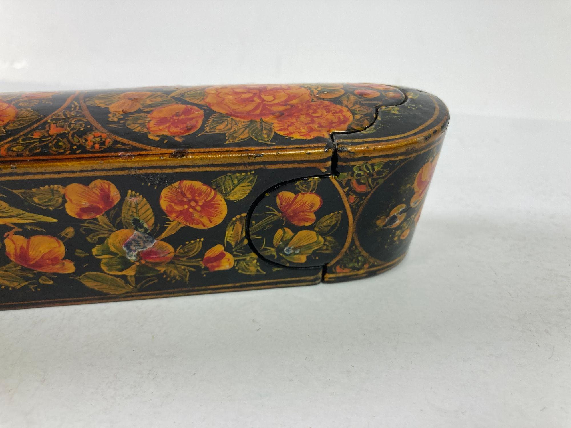 Persian Qajar Lacquer Pen Box Hand Painted with Floral and Birds Design 3