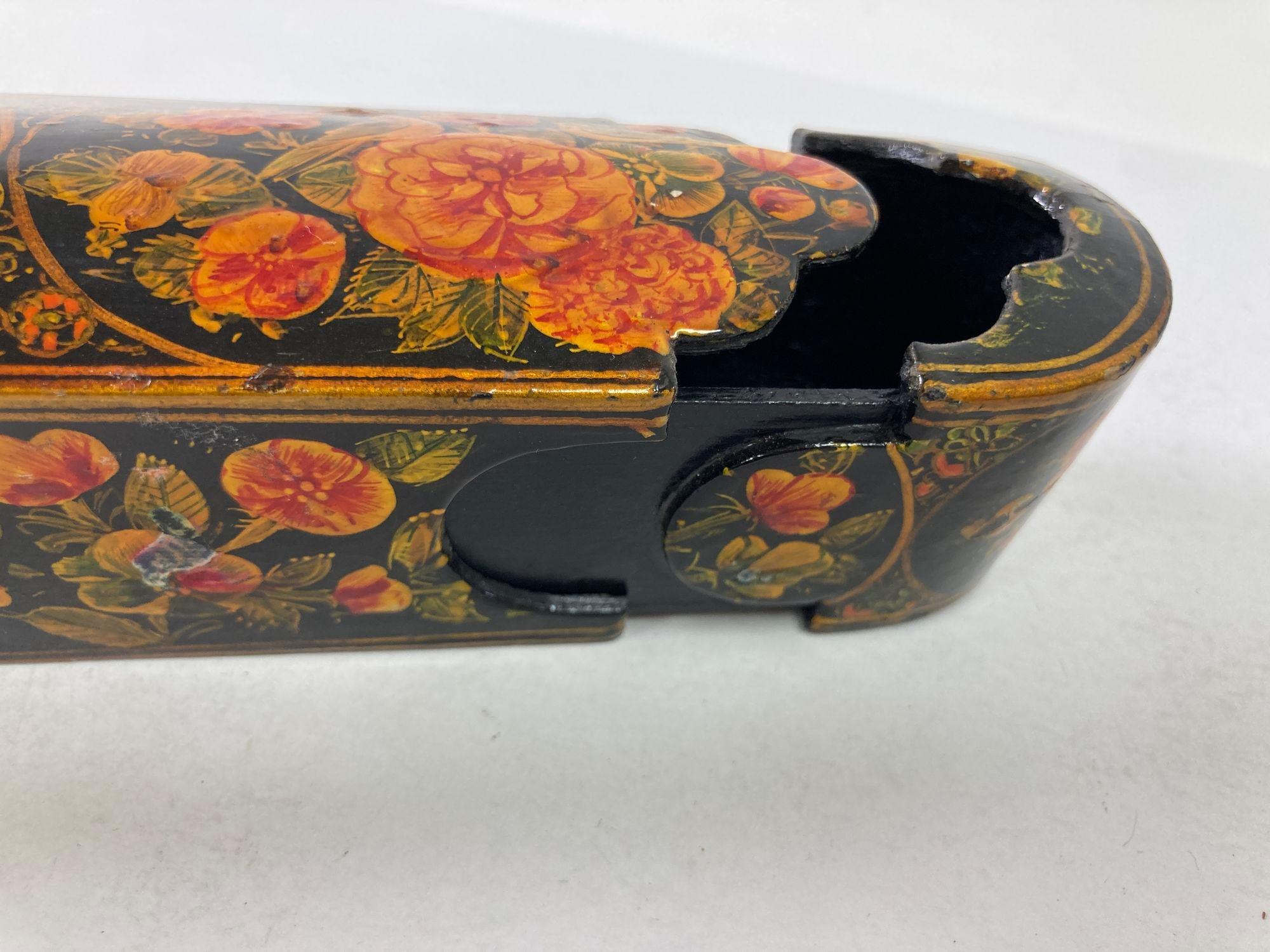 Persian Qajar Lacquer Pen Box Hand Painted with Floral and Birds Design 4