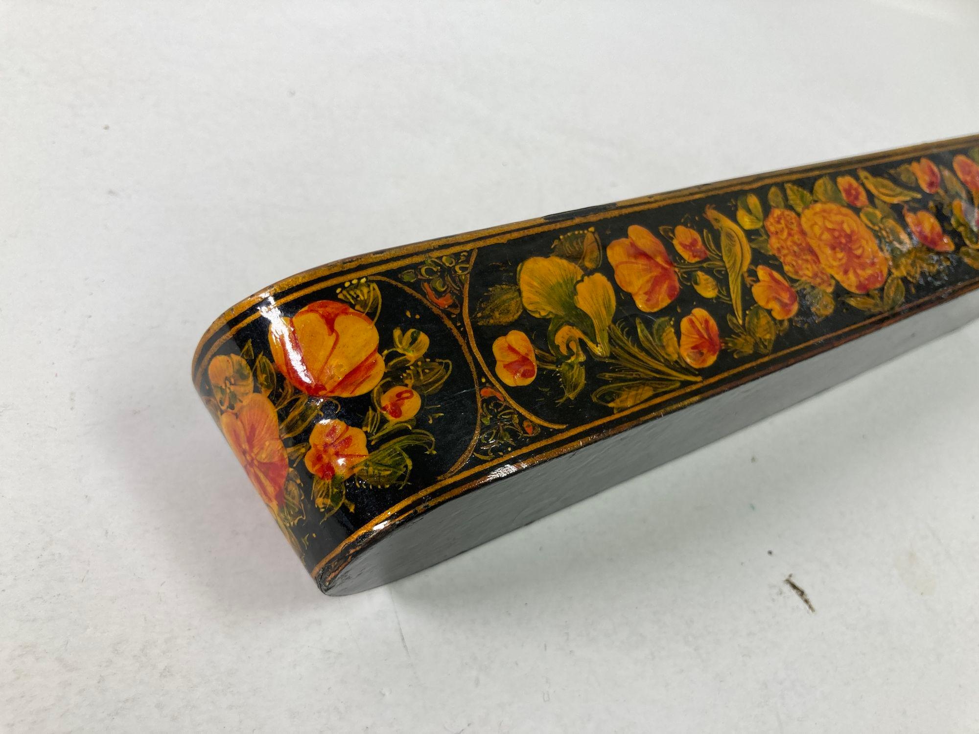 Persian Qajar Lacquer Pen Box Hand Painted with Floral and Birds Design 6