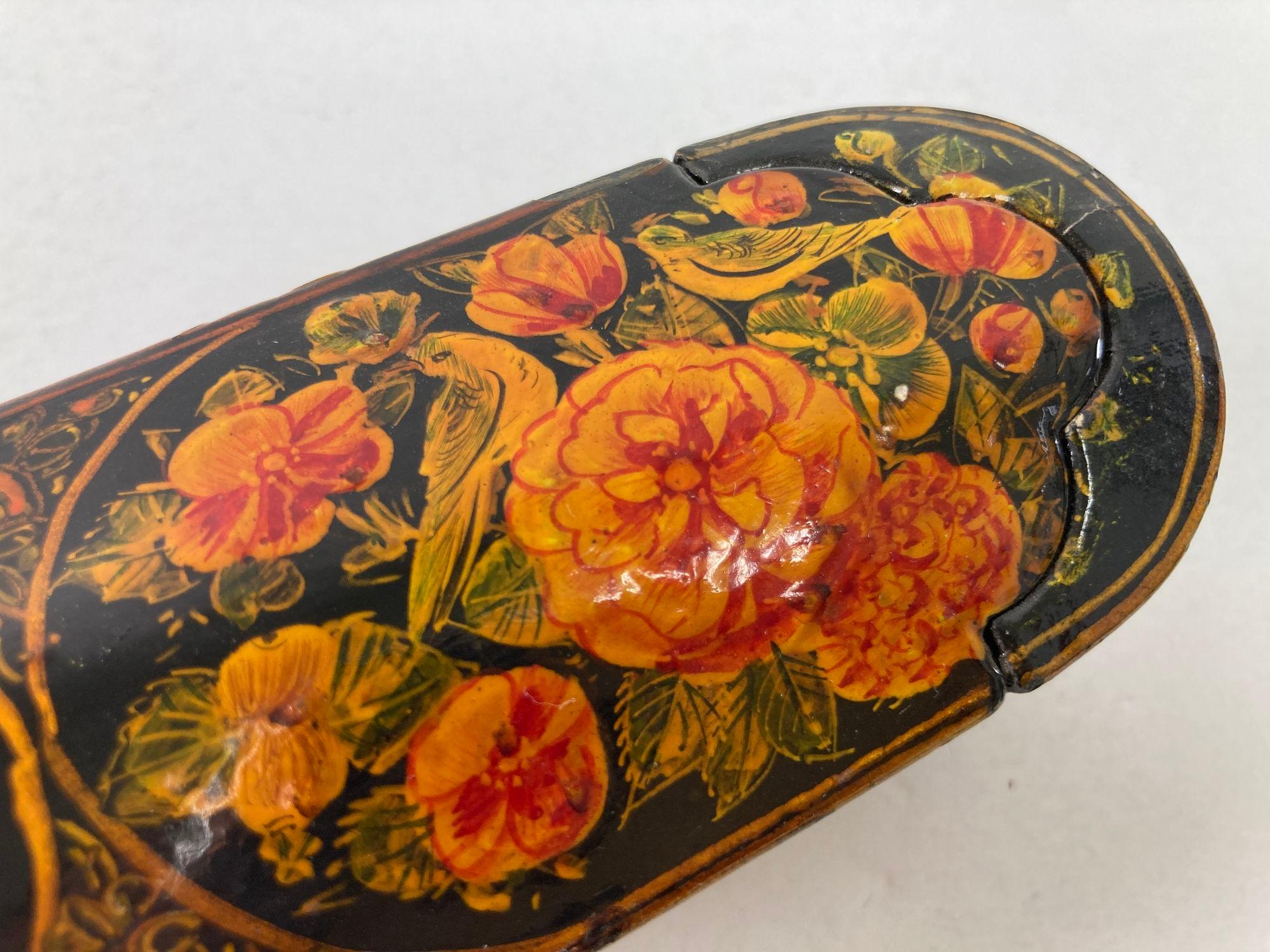 Persian Qajar Lacquer Pen Box Hand Painted with Floral and Birds Design 7