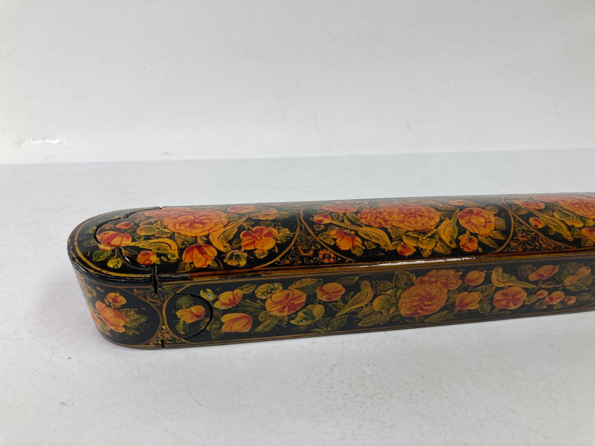 Persian Qajar Lacquer Pen Box Hand Painted with Floral and Birds Design 10