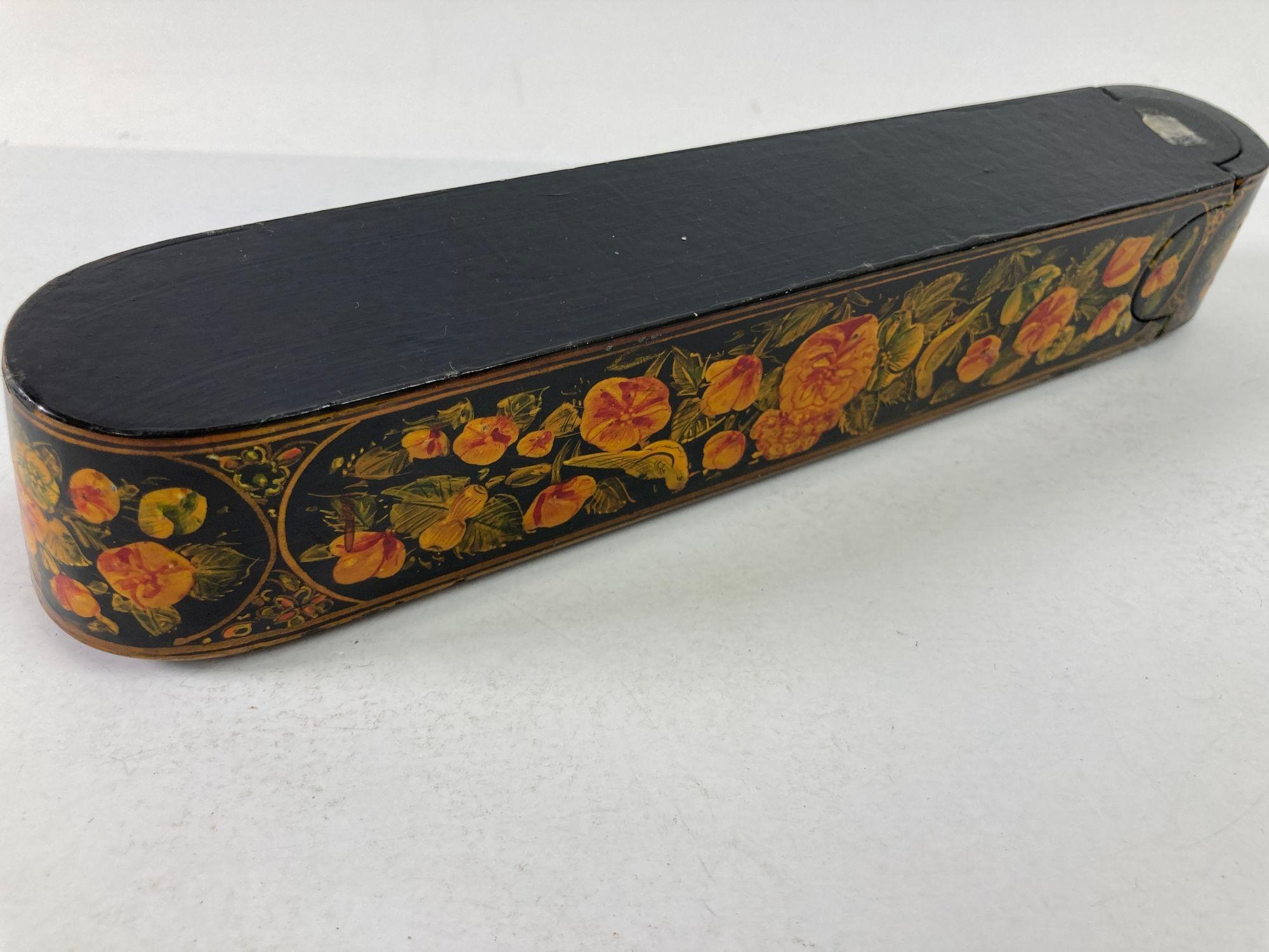 Persian Qajar Lacquer Pen Box Hand Painted with Floral and Birds Design 12