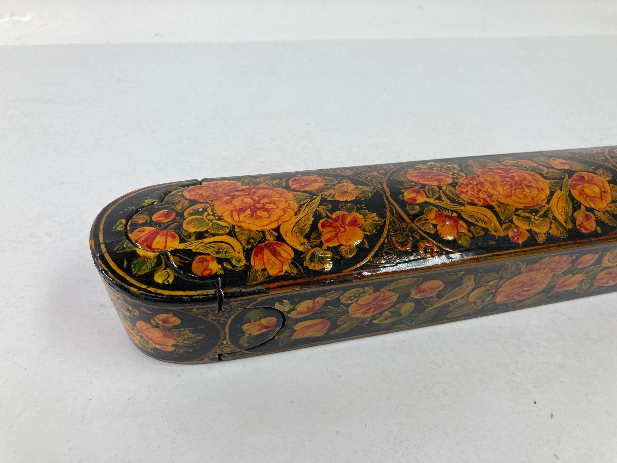 Islamic Persian Qajar Lacquer Pen Box Hand Painted with Floral and Birds Design