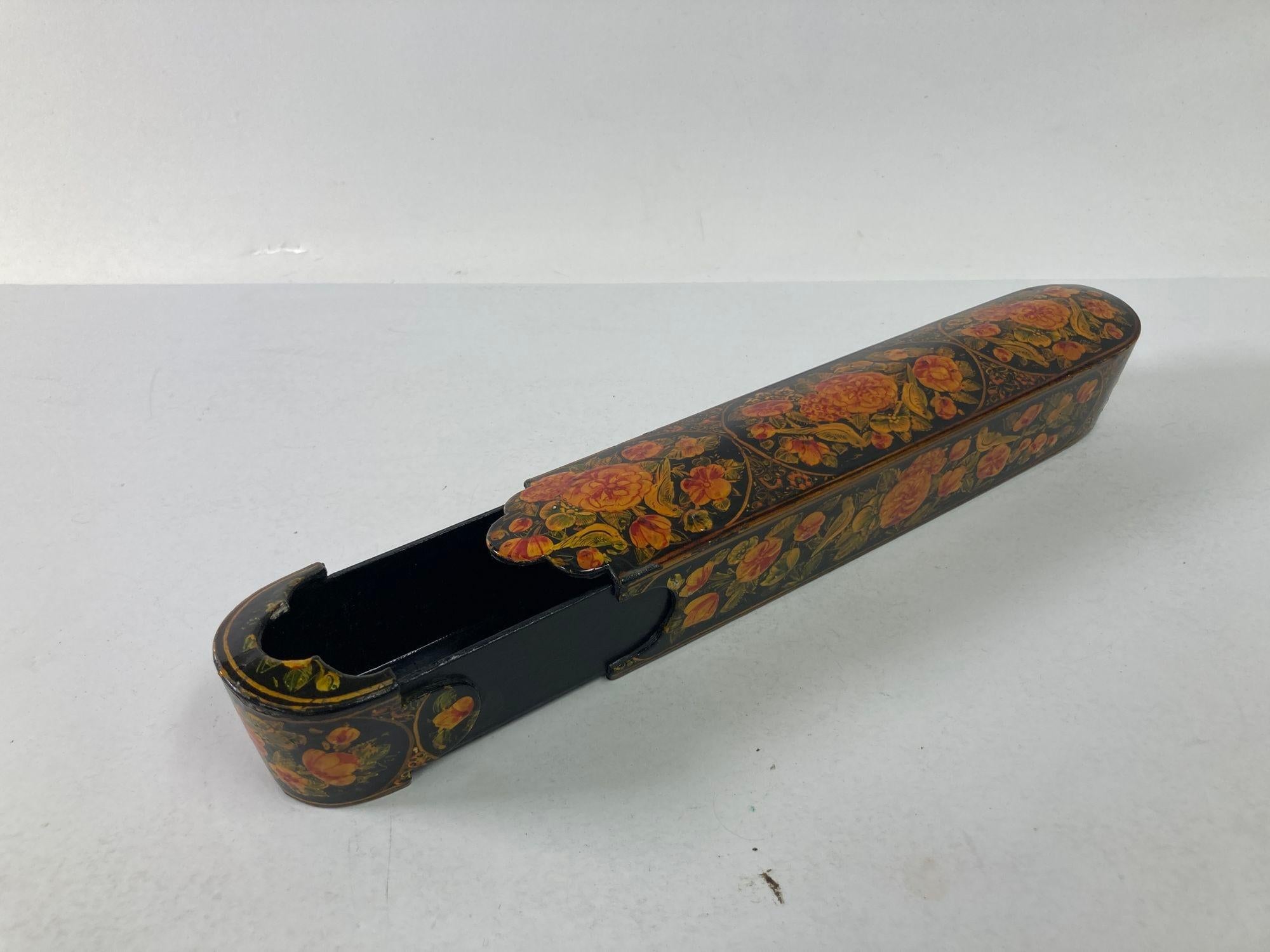 Persian Qajar Lacquer Pen Box Hand Painted with Floral and Birds Design In Good Condition In North Hollywood, CA