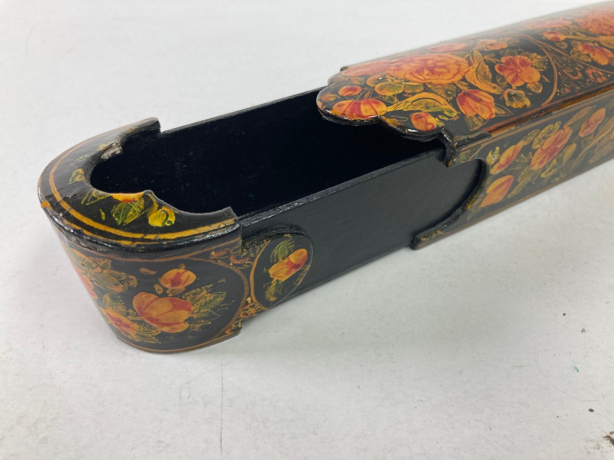 20th Century Persian Qajar Lacquer Pen Box Hand Painted with Floral and Birds Design