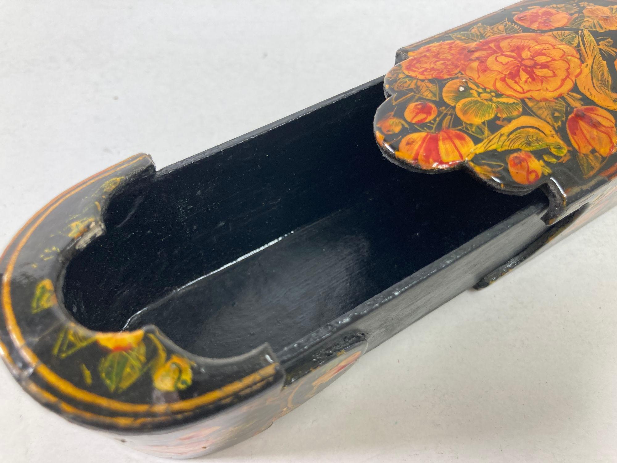 Persian Qajar Lacquer Pen Box Hand Painted with Floral and Birds Design 1