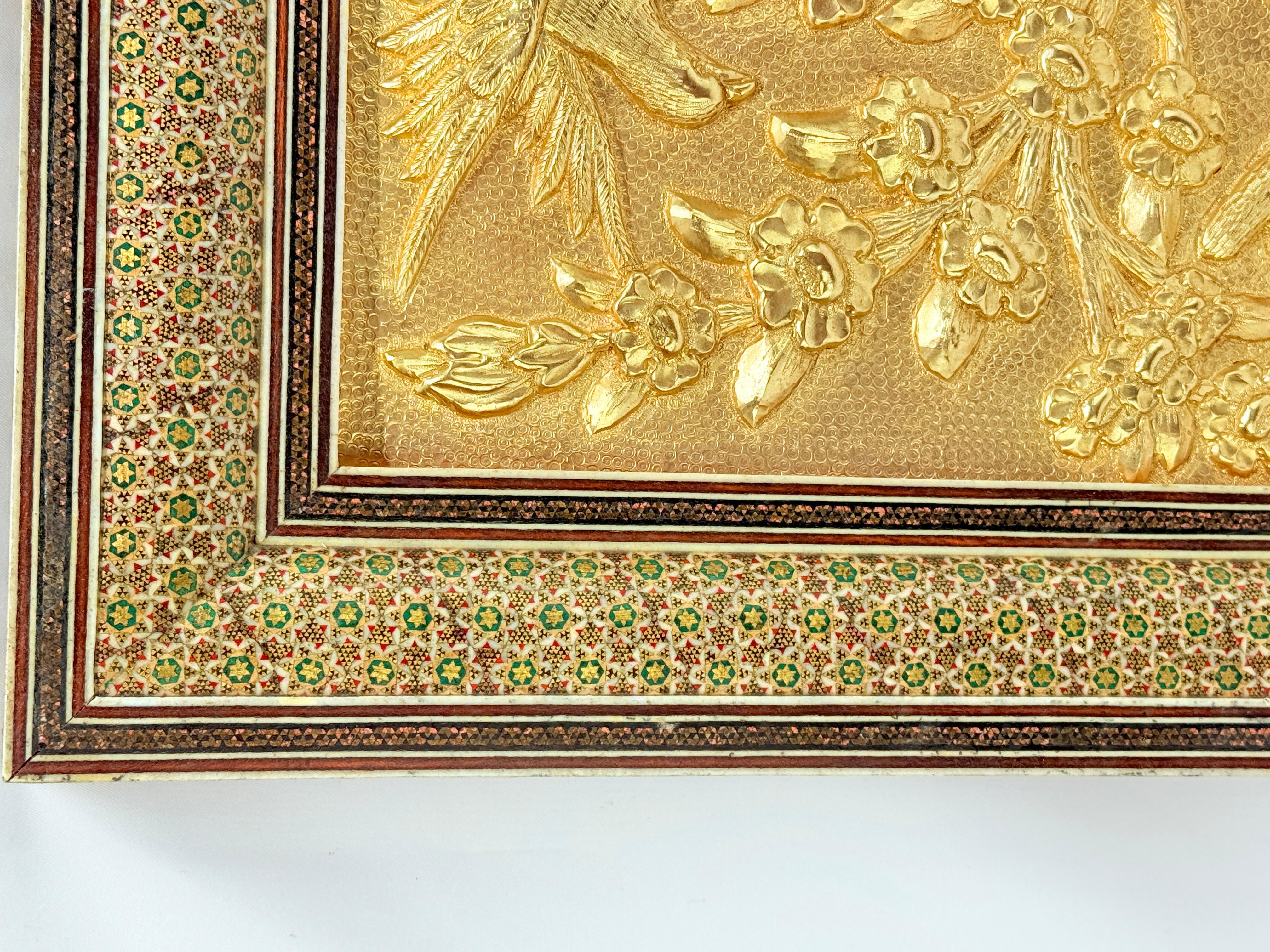 Anglo Raj Persian Qajar-Style Gilded Metal Panel of Birds in Blossoms, Khatamkari Frame For Sale
