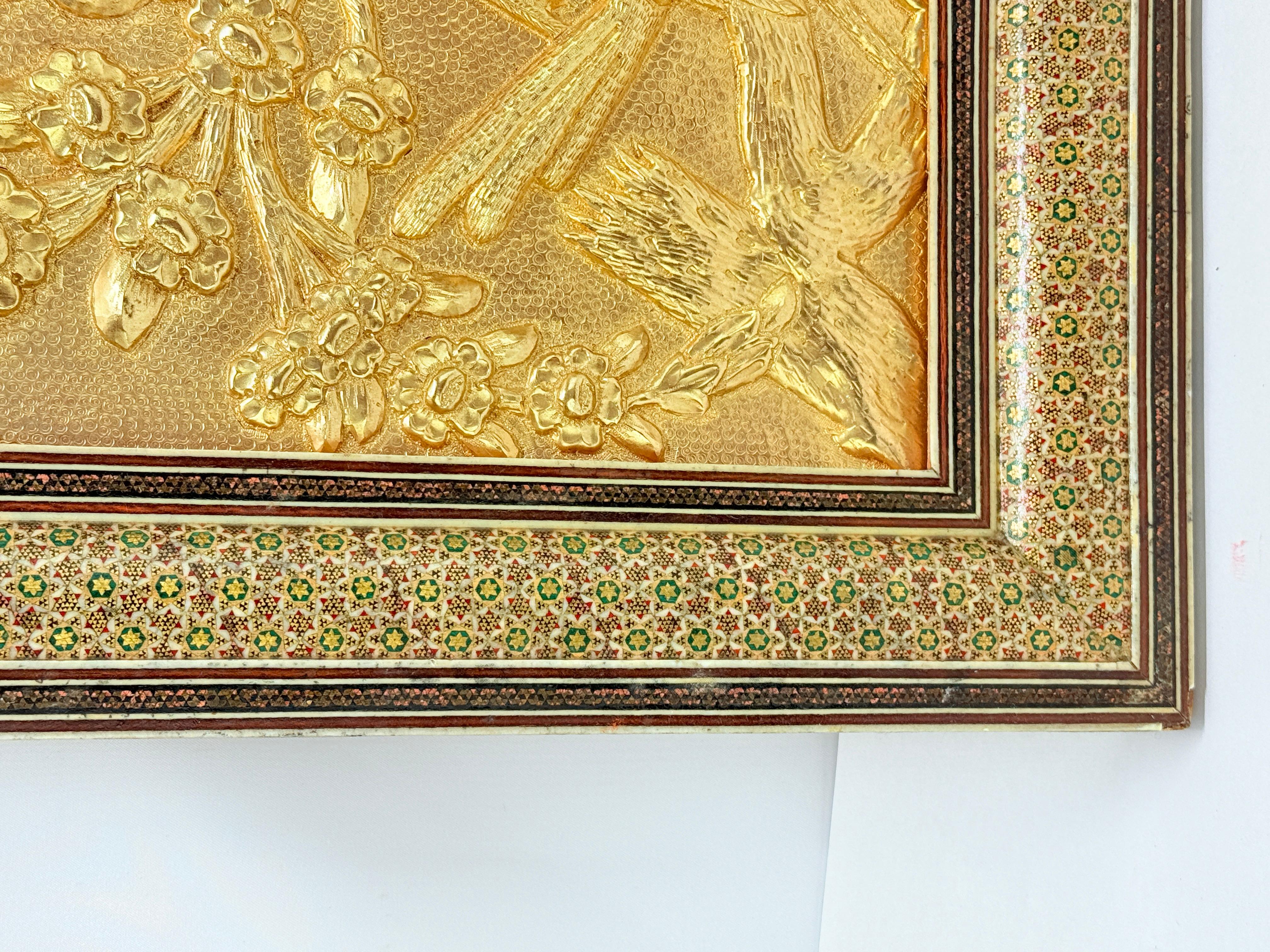 Turkish Persian Qajar-Style Gilded Metal Panel of Birds in Blossoms, Khatamkari Frame For Sale
