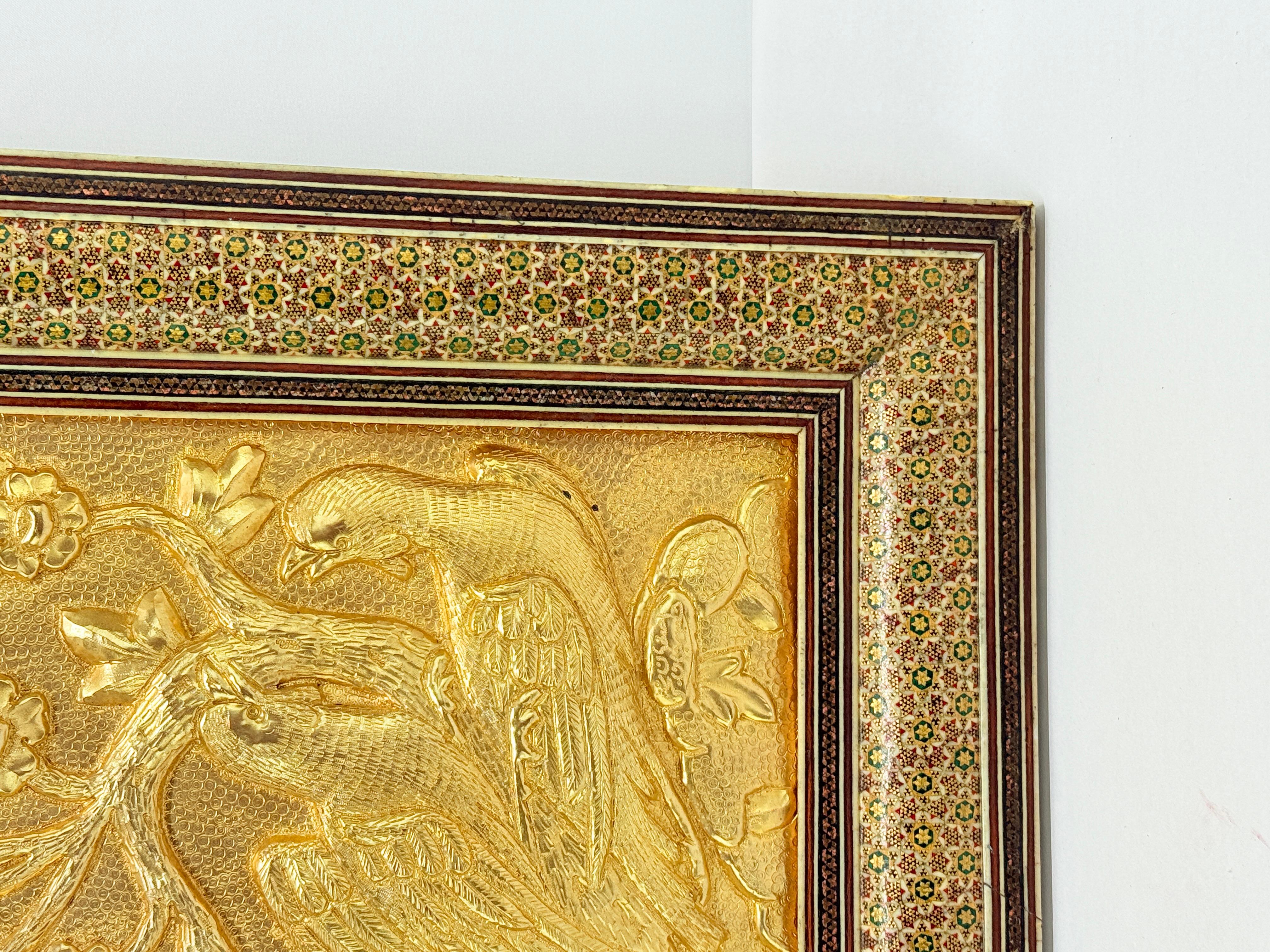 Persian Qajar-Style Gilded Metal Panel of Birds in Blossoms, Khatamkari Frame In Good Condition For Sale In Atlanta, GA