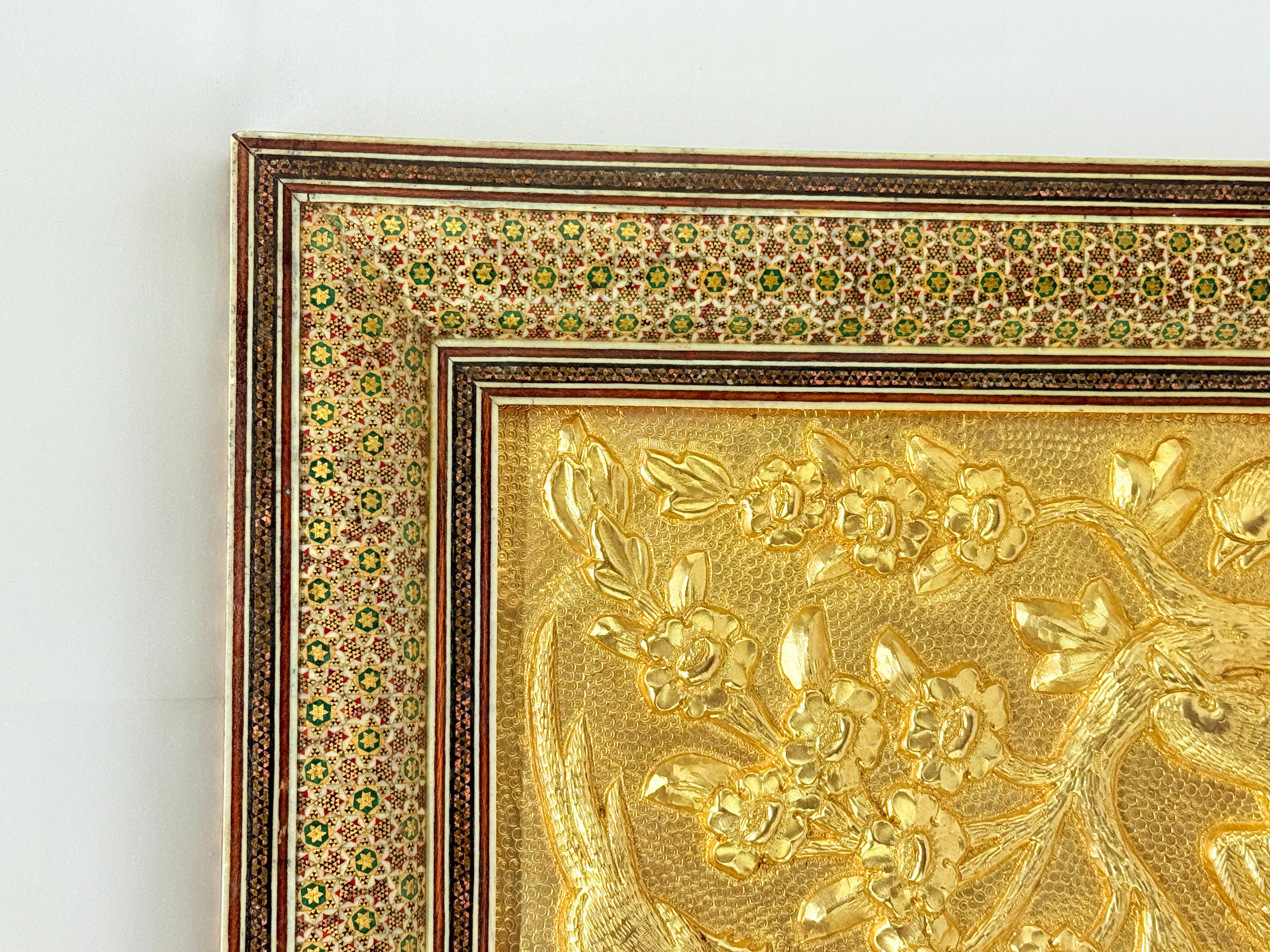20th Century Persian Qajar-Style Gilded Metal Panel of Birds in Blossoms, Khatamkari Frame For Sale
