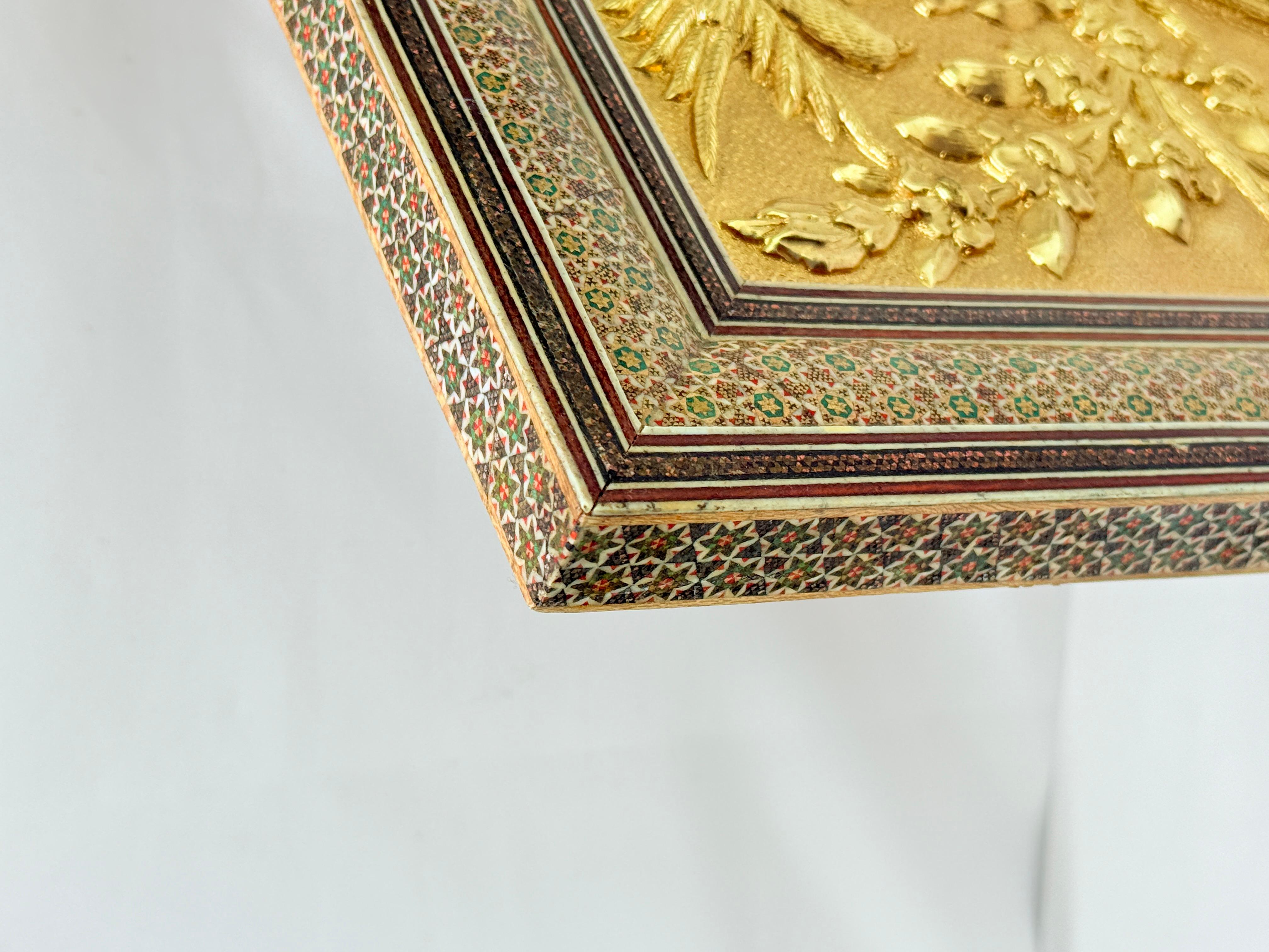 Brass Persian Qajar-Style Gilded Metal Panel of Birds in Blossoms, Khatamkari Frame For Sale