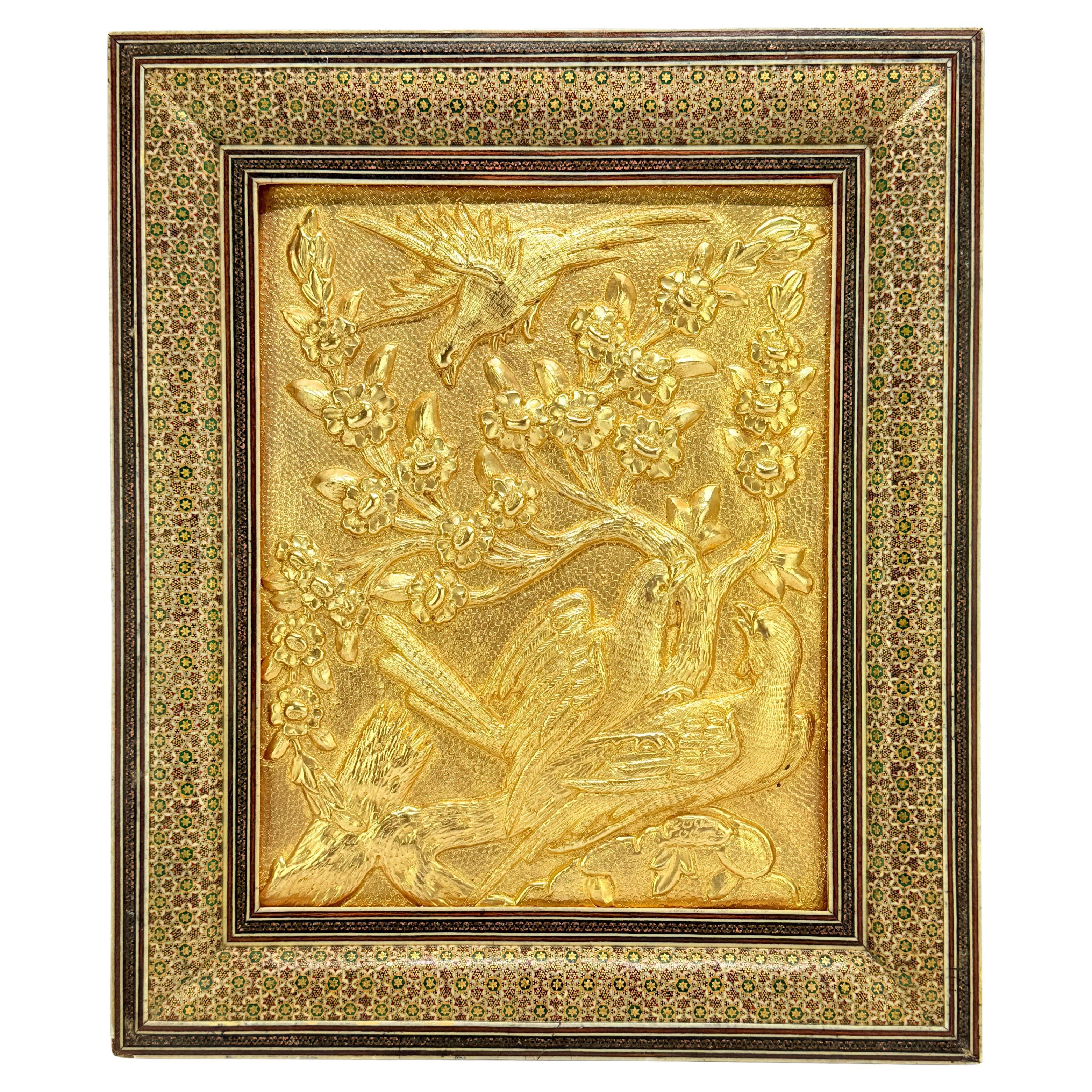 Persian Qajar-Style Gilded Metal Panel of Birds in Blossoms, Khatamkari Frame For Sale
