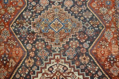 Antique 1880s Persian Qashqai Rug, Wool, Orange, Cream, Blue, 5' x 6'