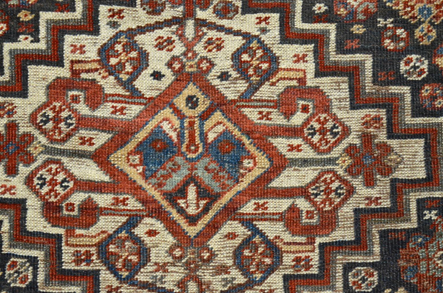 Other Antique 1880s Persian Qashqai Rug, Wool, Orange, Cream, Blue, 5' x 6' For Sale