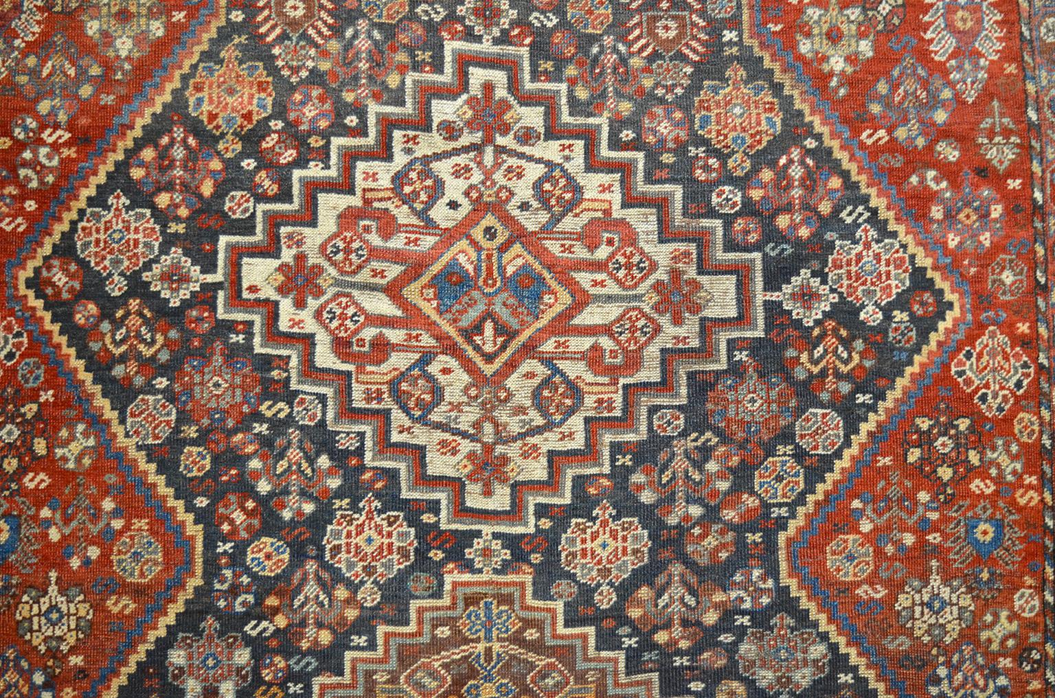 Vegetable Dyed Antique 1880s Persian Qashqai Rug, Wool, Orange, Cream, Blue, 5' x 6' For Sale