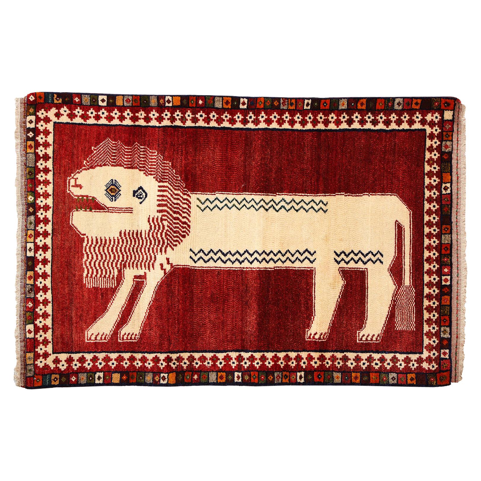 Vintage 1940s Persian Qashqai Lion Rug, Red & Beige, 3x5 