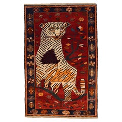 Tapis persan Qashqai tigré à la main des années 1940, rouge et crème, 3' x 5'