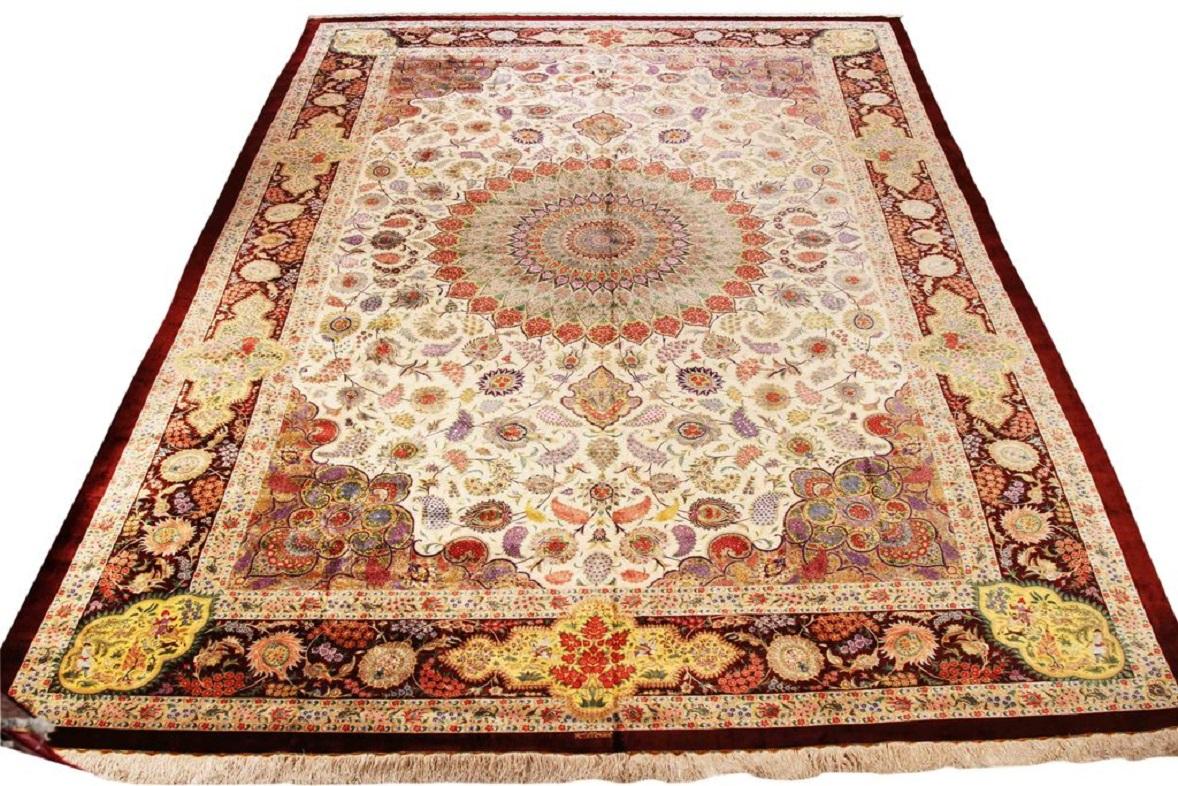 Discover the elegance of Persian Qom featuring Over Size Rug in Circa 1990. Designed with Wool and IvoryPurpelRedYellow, this exclusive design is perfect for enhancing your space.