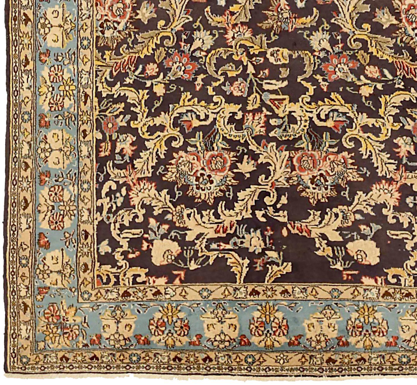 Asian Persian Qom Small Rug Circa 1910 - Wool Blue Brown Yellow 71342 For Sale