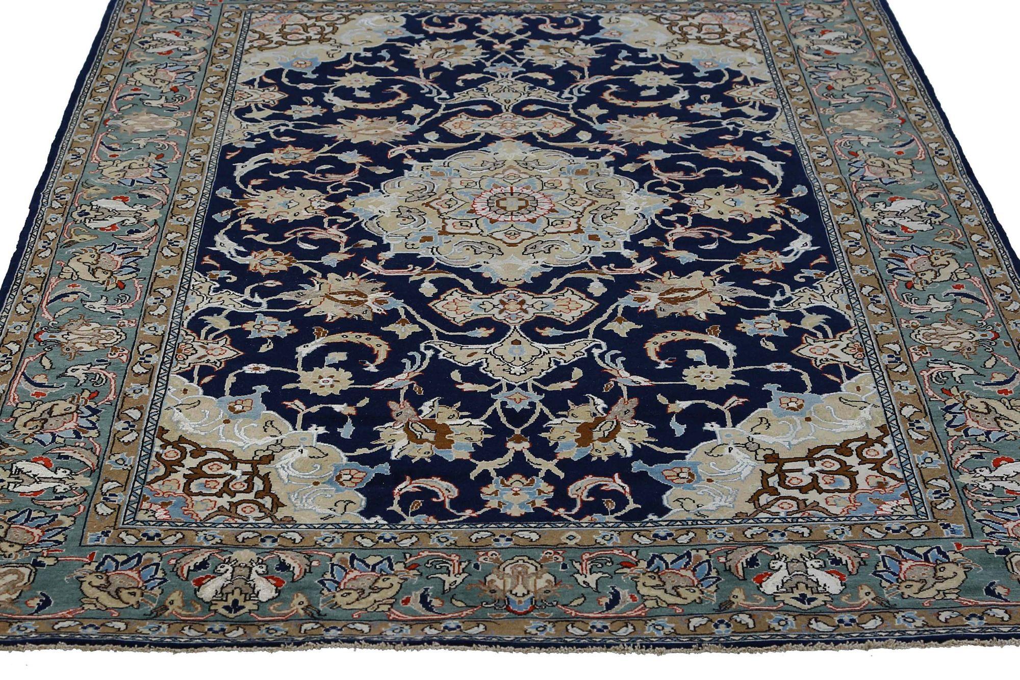 Tappeto persiano Qom Small - Disegno in lana verde blu navy - 97130 In condizioni ottime in vendita a Dallas, TX