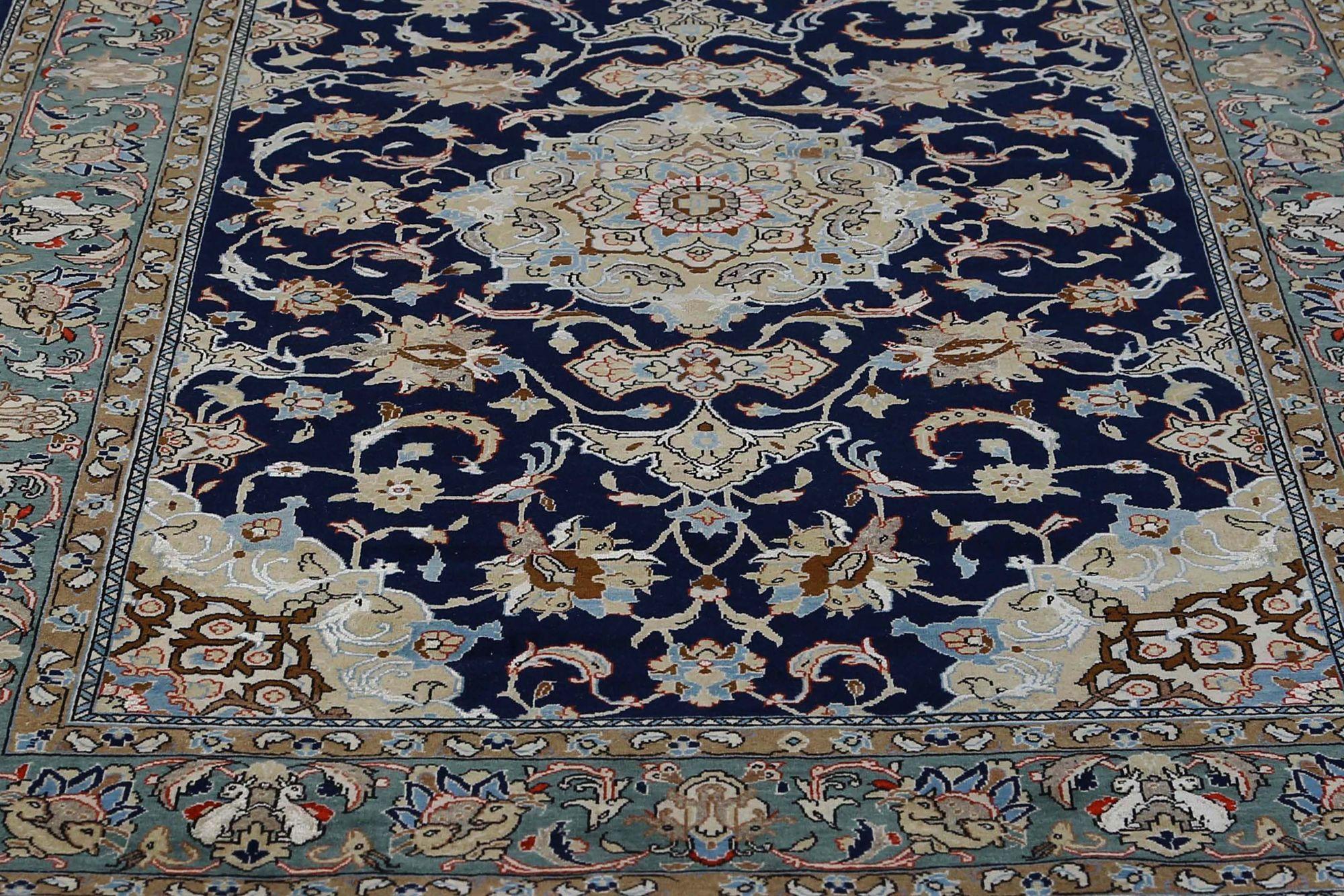 XX secolo Tappeto persiano Qom Small - Disegno in lana verde blu navy - 97130 in vendita