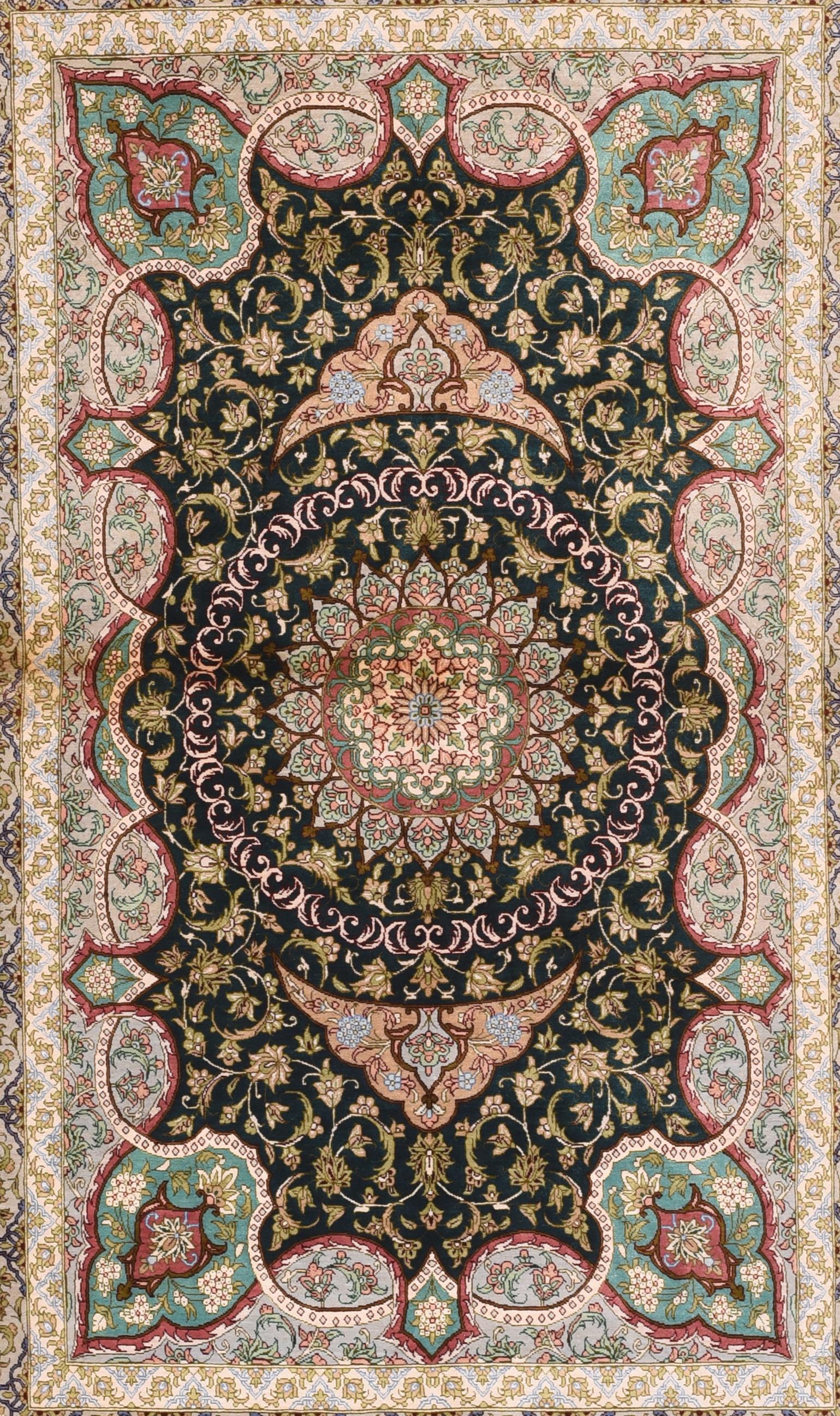 Qom rugs (or Qum, Ghom, Ghum) are made in the Qom Province of Iran, around 100 km south of Tehran. Although rug weaving in Qom was not a major industry until the past 100 years, the luxurious silk and wool rugs of Qom are known for their high