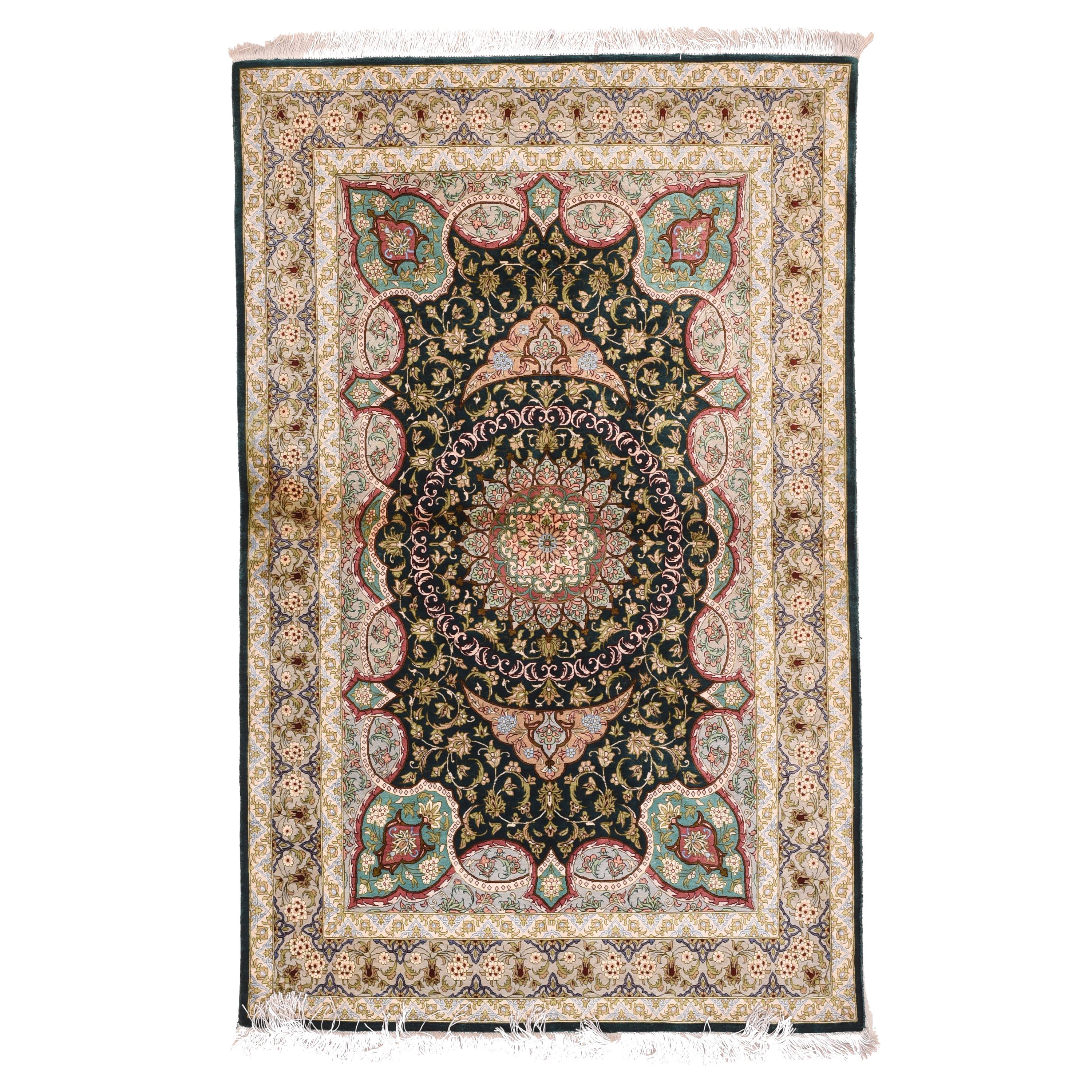 Extremely Fine Silk Persian Qum Area Rug For Sale