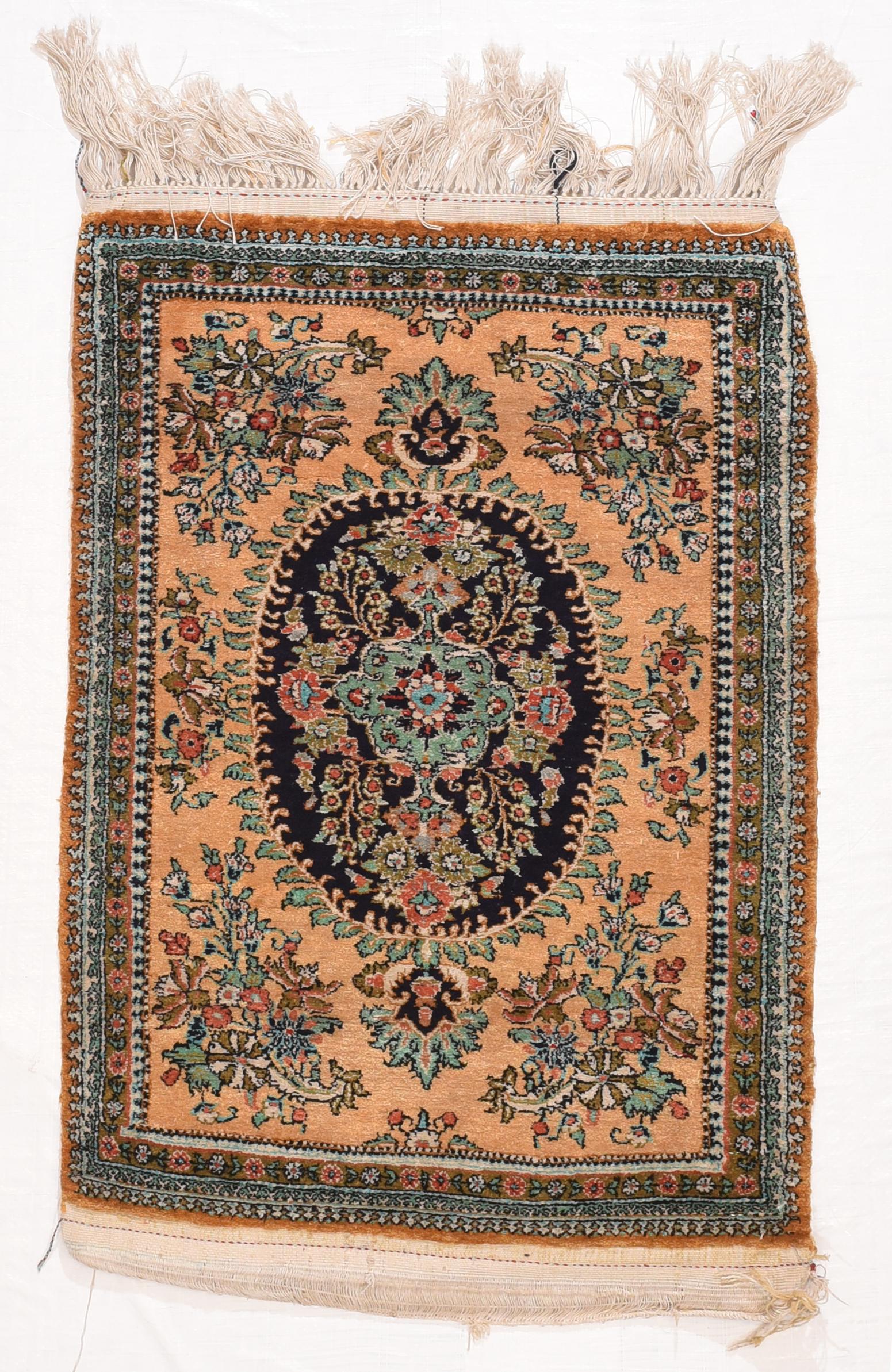 Hand-Knotted Fine Persian Silk Qum Mat For Sale