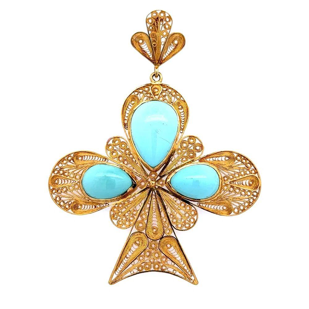 Simply Beautiful! Finely detailed Persian Robins Egg Blue Turquoise Filigree Gold Mid Century Modern Pendant. Featuring 3 Persian Robins Egg Blue Turquoise in Hand crafted 18K Yellow Gold Filigree setting. Measuring approx. 3.5” l x 2.7” w. Circa