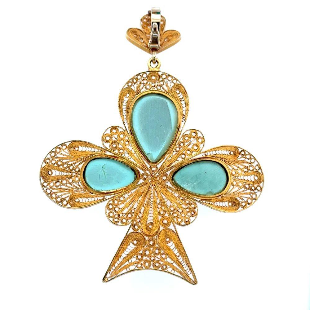 Round Cut Persian Robins Egg Blue Turquoise Filigree Gold Statement Vintage Pendant For Sale