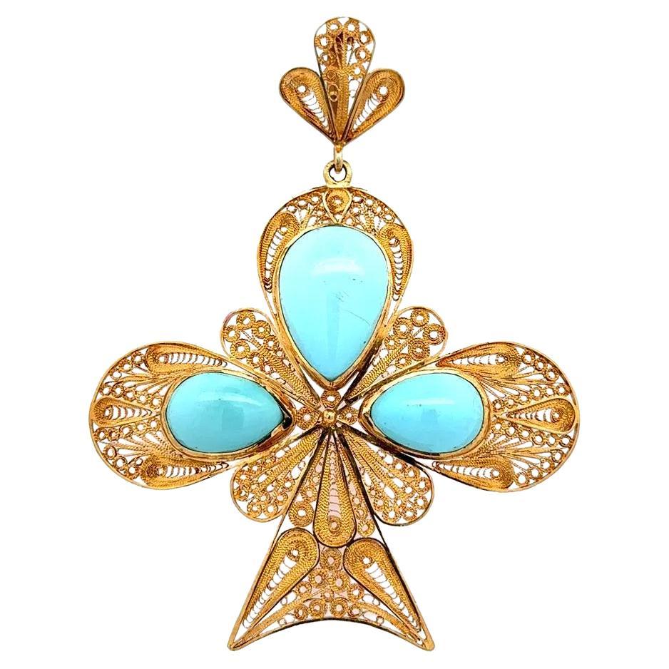Persian Robins Egg Blue Turquoise Filigree Gold Statement Vintage Pendant For Sale