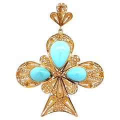 Persian Robins Egg Blue Turquoise Filigree Gold Statement Vintage Pendant