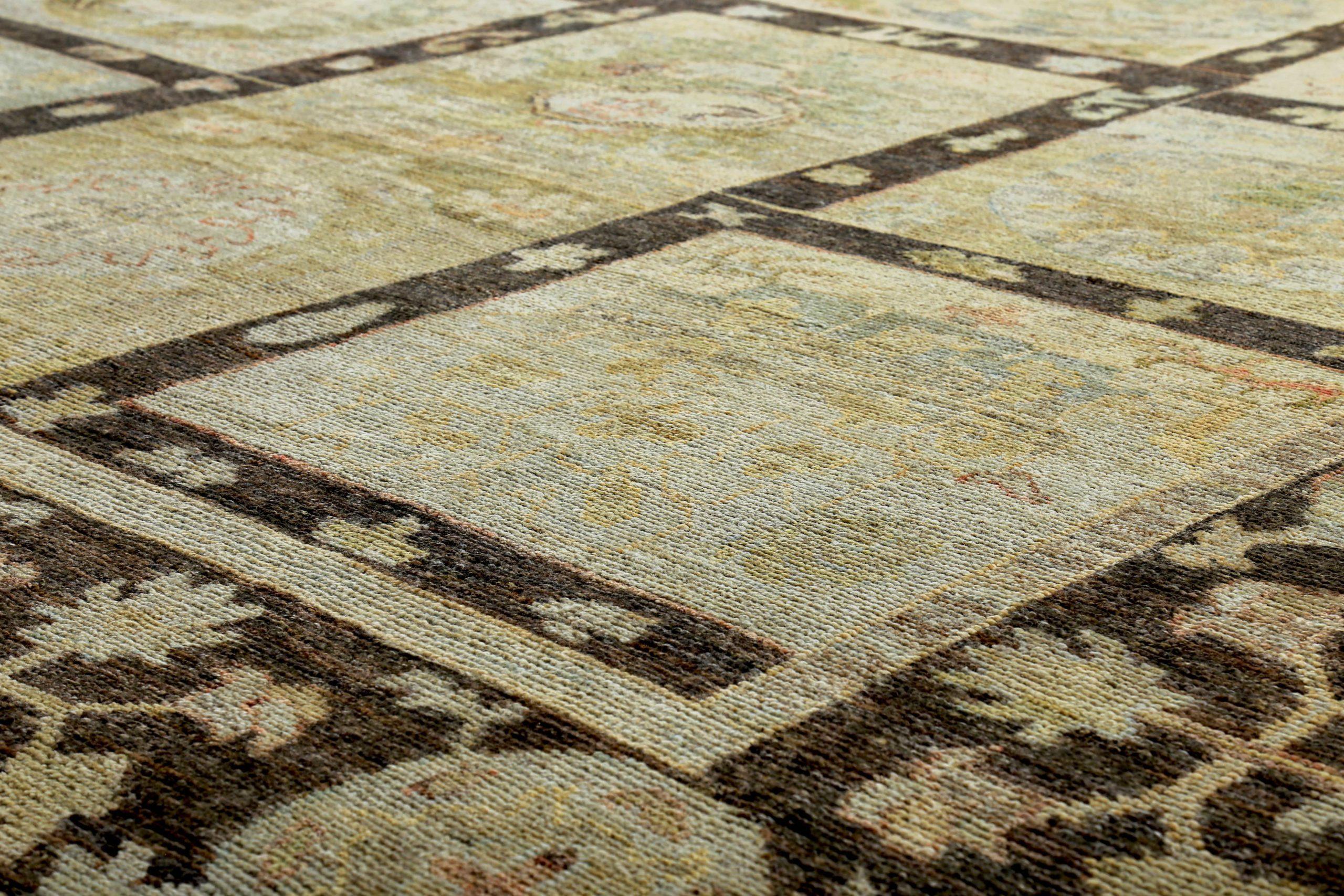 Persian Rose Collection Area Rugs Circa 1990 - Wool Brown Green Ivory - 89276 In Excellent Condition For Sale In Dallas, TX