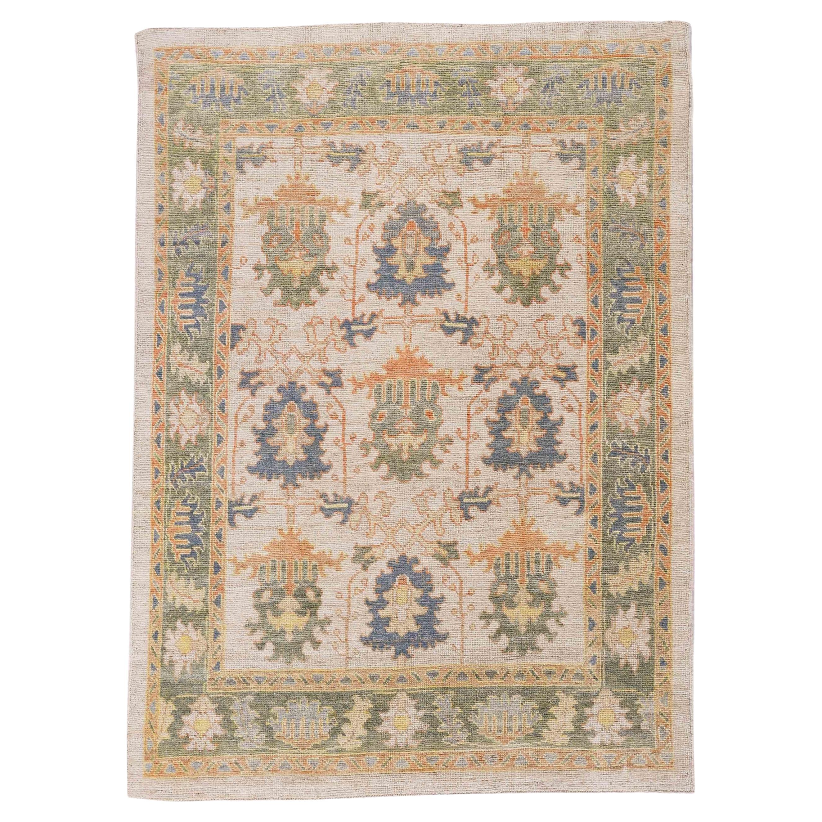Persian Rose Collection Small Rug Circa 1990 - Wool Blue Green Orange 70593 For Sale