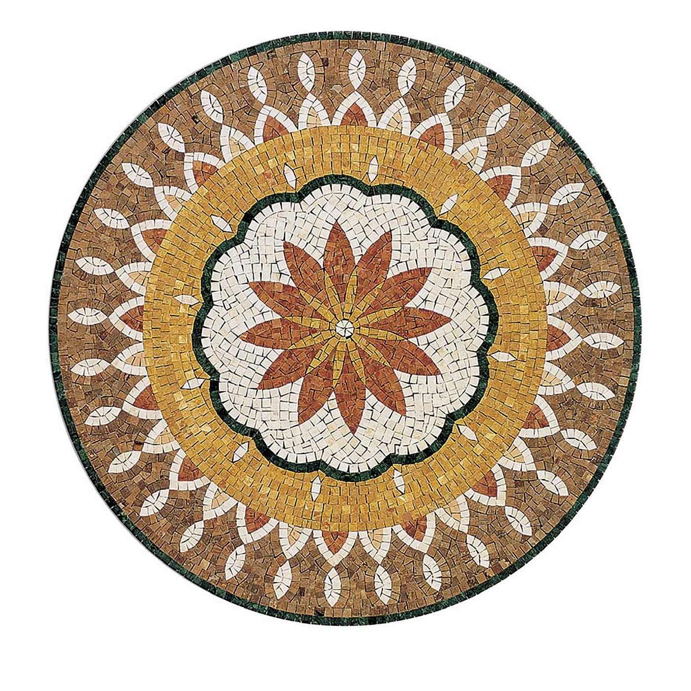 The culture of Ancient Persia serves as the inspiration for this artistic mosaic comprised of multicolored marble tesserae, including Botticino, Giallo Reale, Rosa Perlino, Rosso Verona, Travertino Noce and Verde. The item comes mounted on a