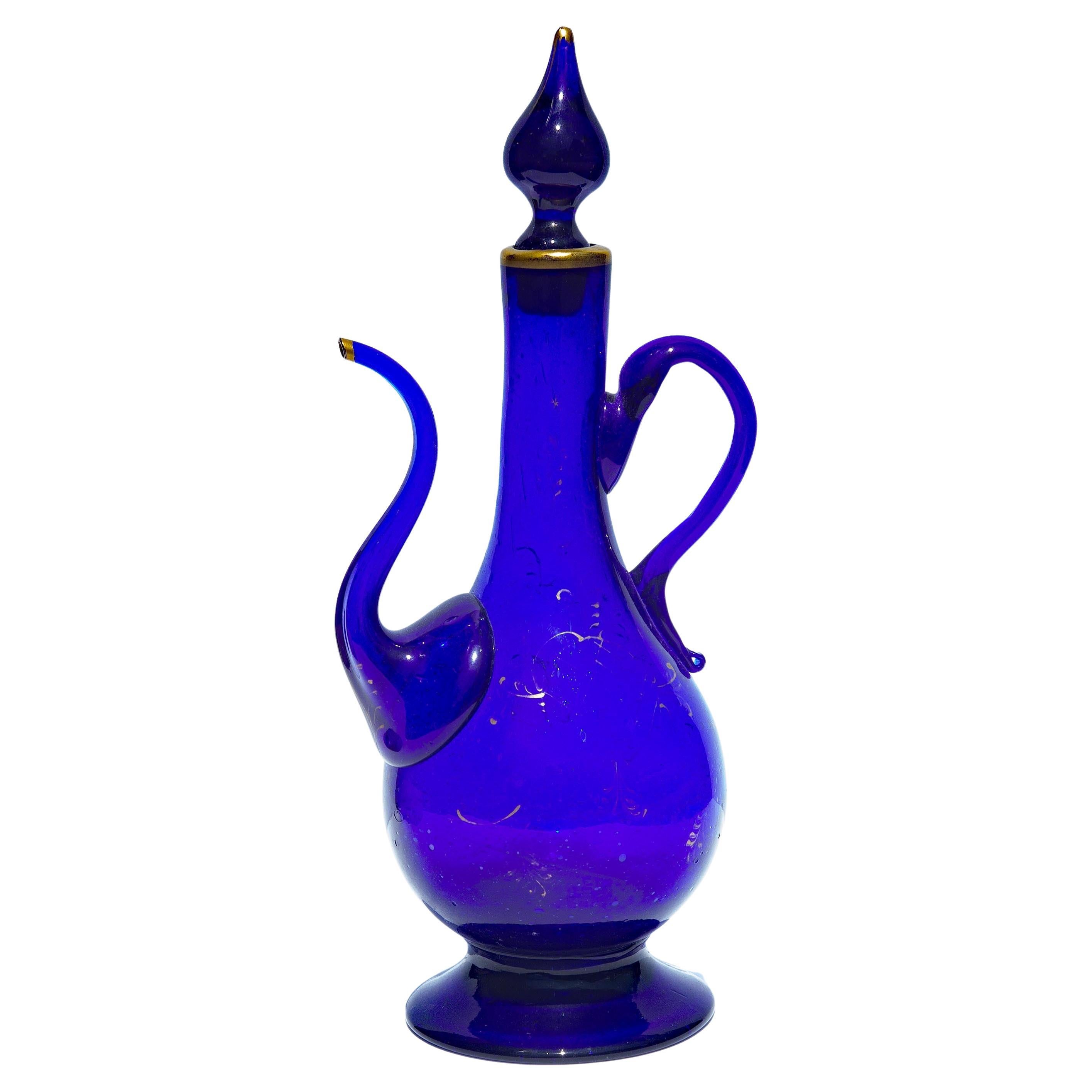 Persian Royal Blue Glass Ewer 19th Century For Sale