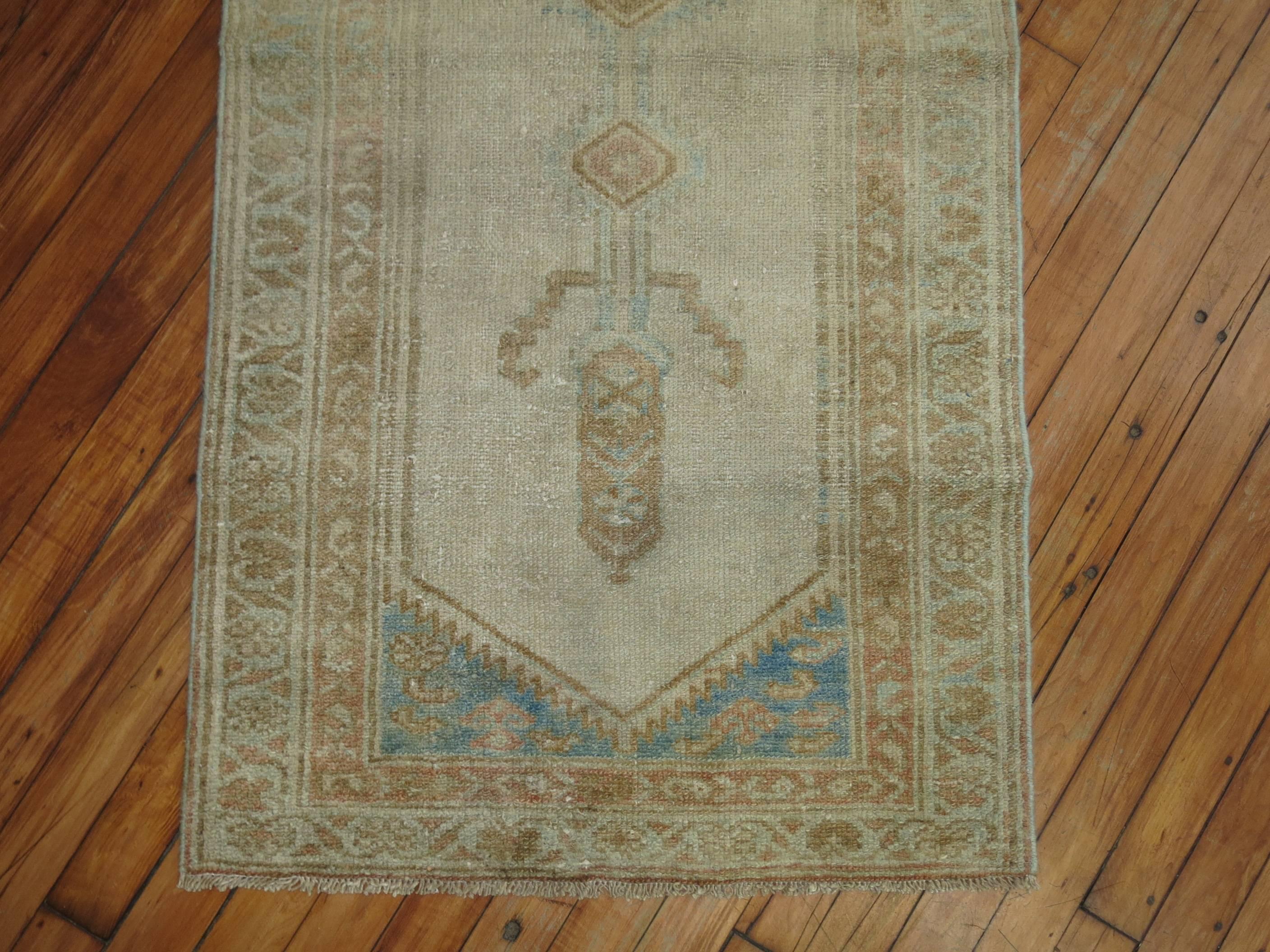 Tribal Zabihi Collection Neutral Narrow Antique Persian Runner  For Sale