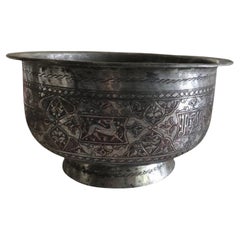 Antique Persian Safavid Hand Chiseled Tinned Copper Bowl