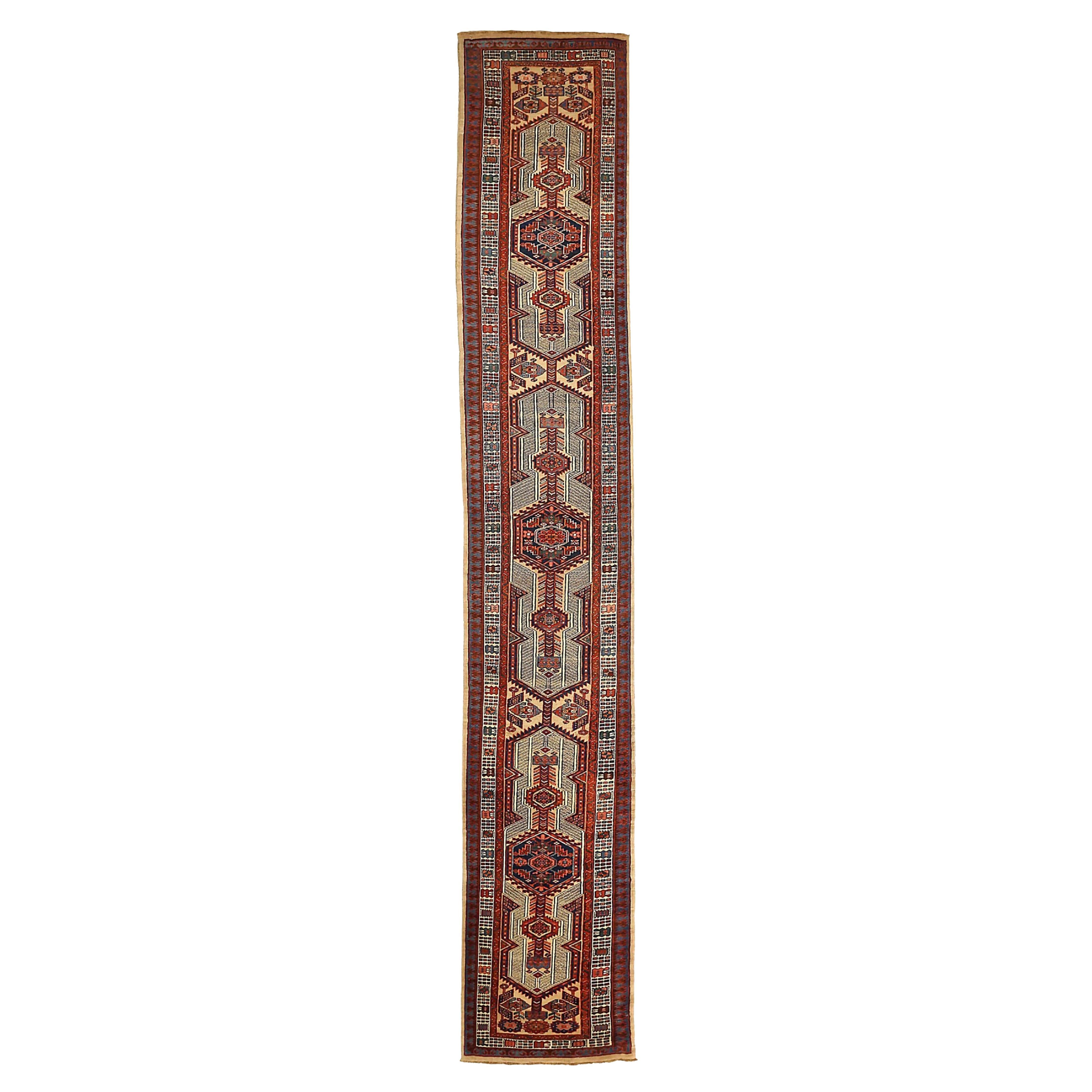 Tapis de couloir persan Sarab - Laine ivoire bleu marine bleu rouge 73002 en vente