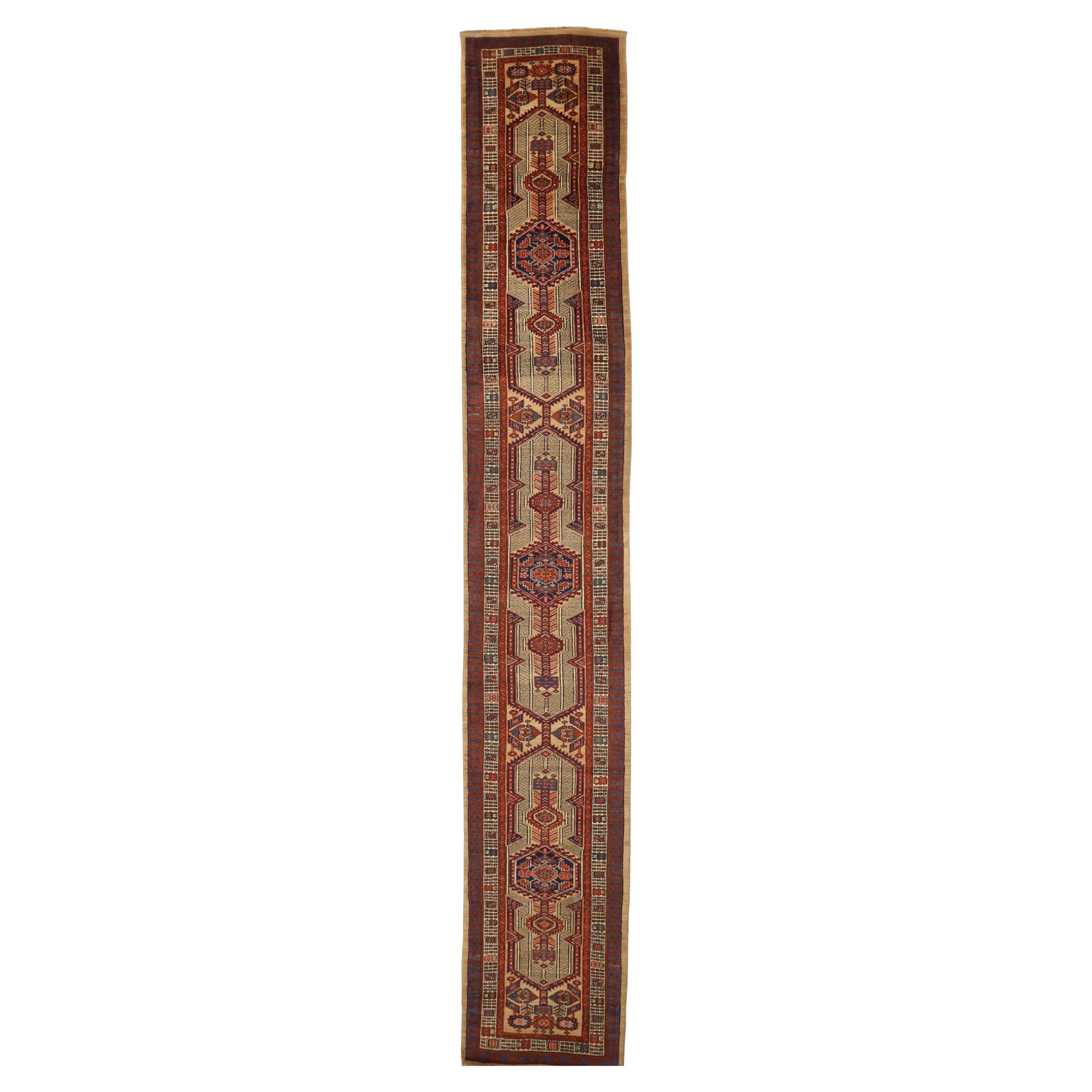 Tapis de couloir persan Sarab - Laine ivoire bleu marine bleu rouge 73003