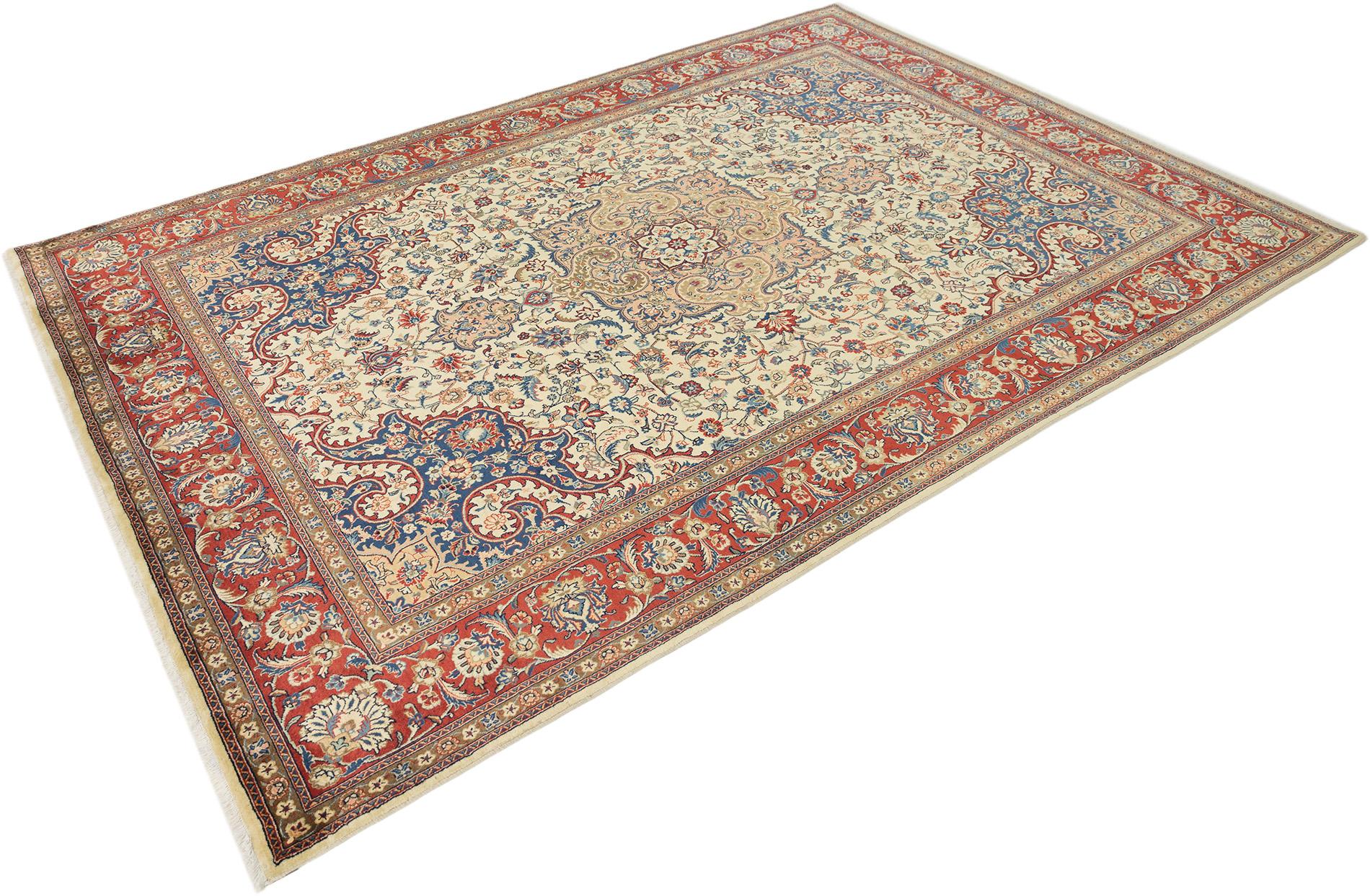 Persischer Sarough Teppich, handgeknüpft, 11.5x8.2 ft - Elfenbein, Rot und Blau (Handgeknüpft) im Angebot