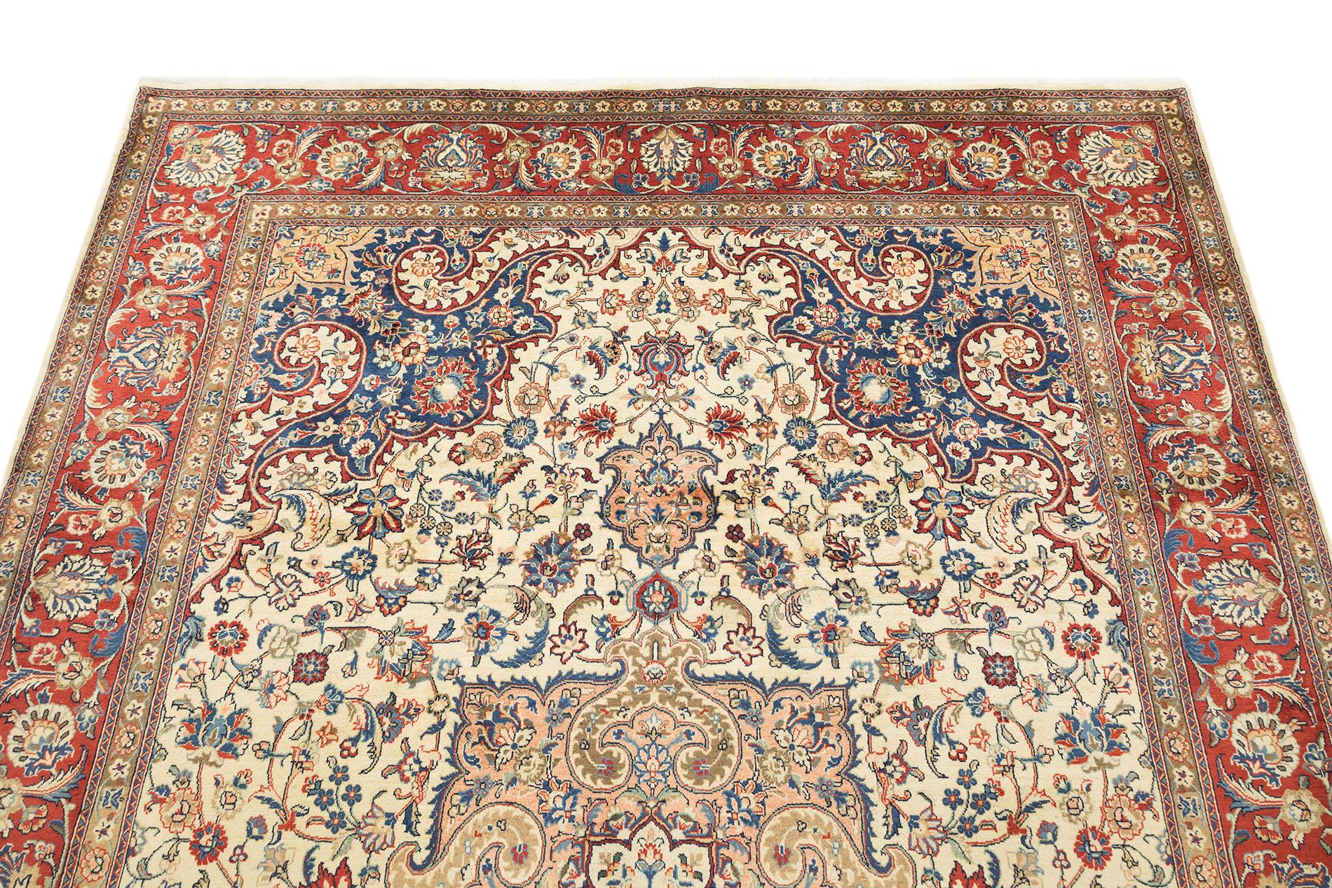 Persischer Sarough Teppich, handgeknüpft, 11.5x8.2 ft - Elfenbein, Rot und Blau im Zustand „Hervorragend“ im Angebot in North Bergen, NJ