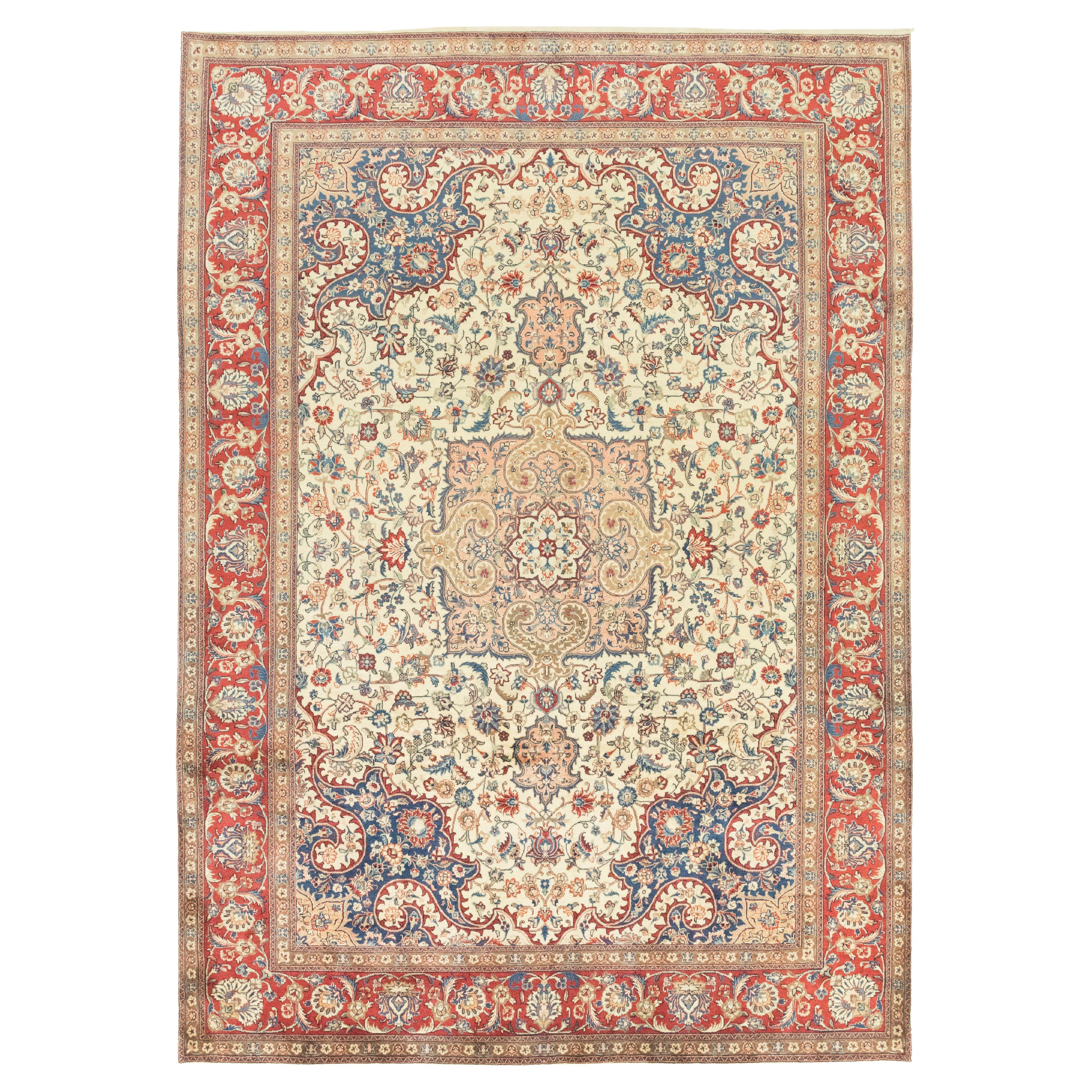 Persischer Sarough Teppich, handgeknüpft, 11.5x8.2 ft - Elfenbein, Rot und Blau im Angebot