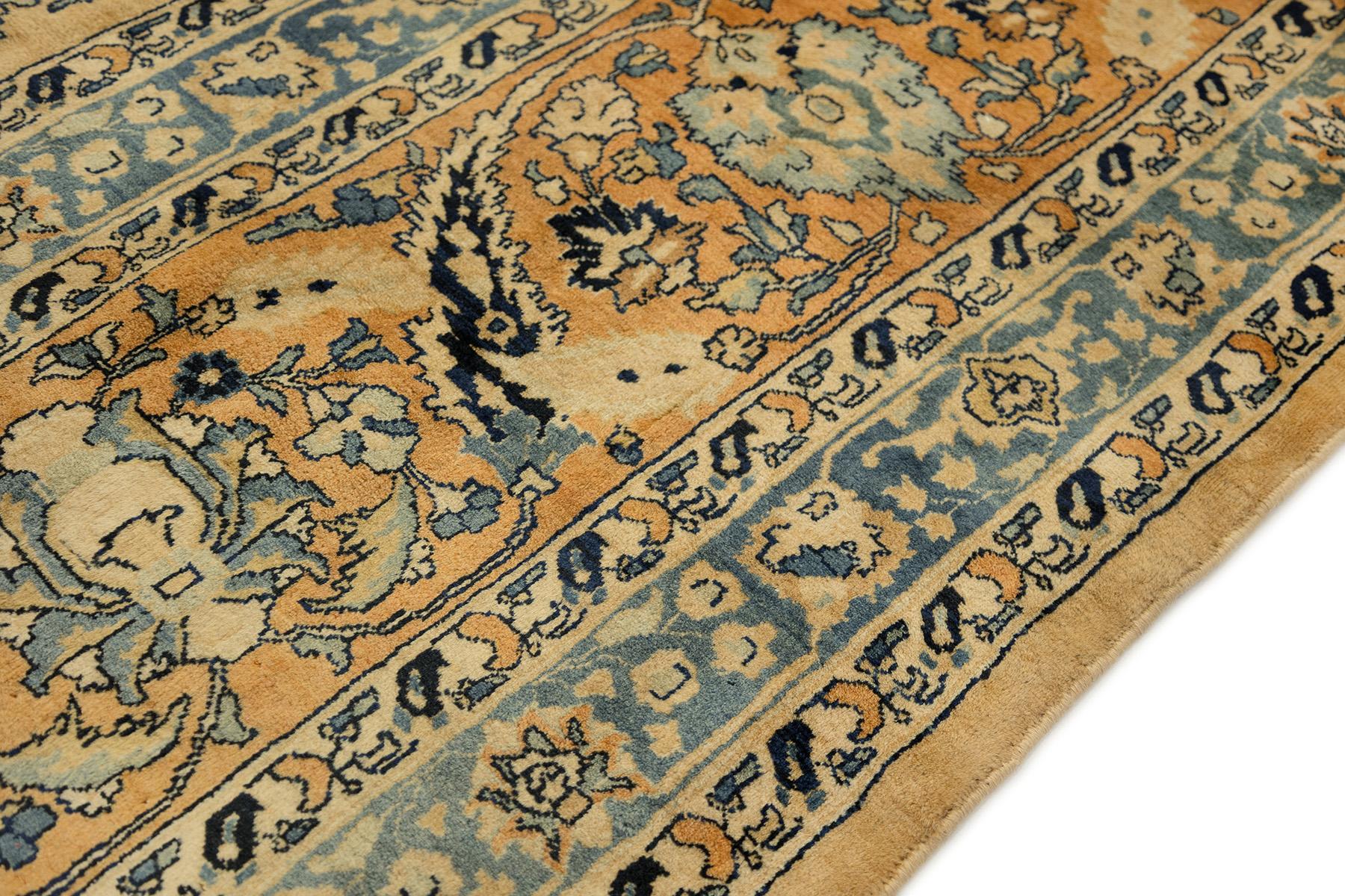 Mid-20th Century Persian Sarough Rug, Hand Knotted, 15.2x11.3 ft – Beige & Blue For Sale