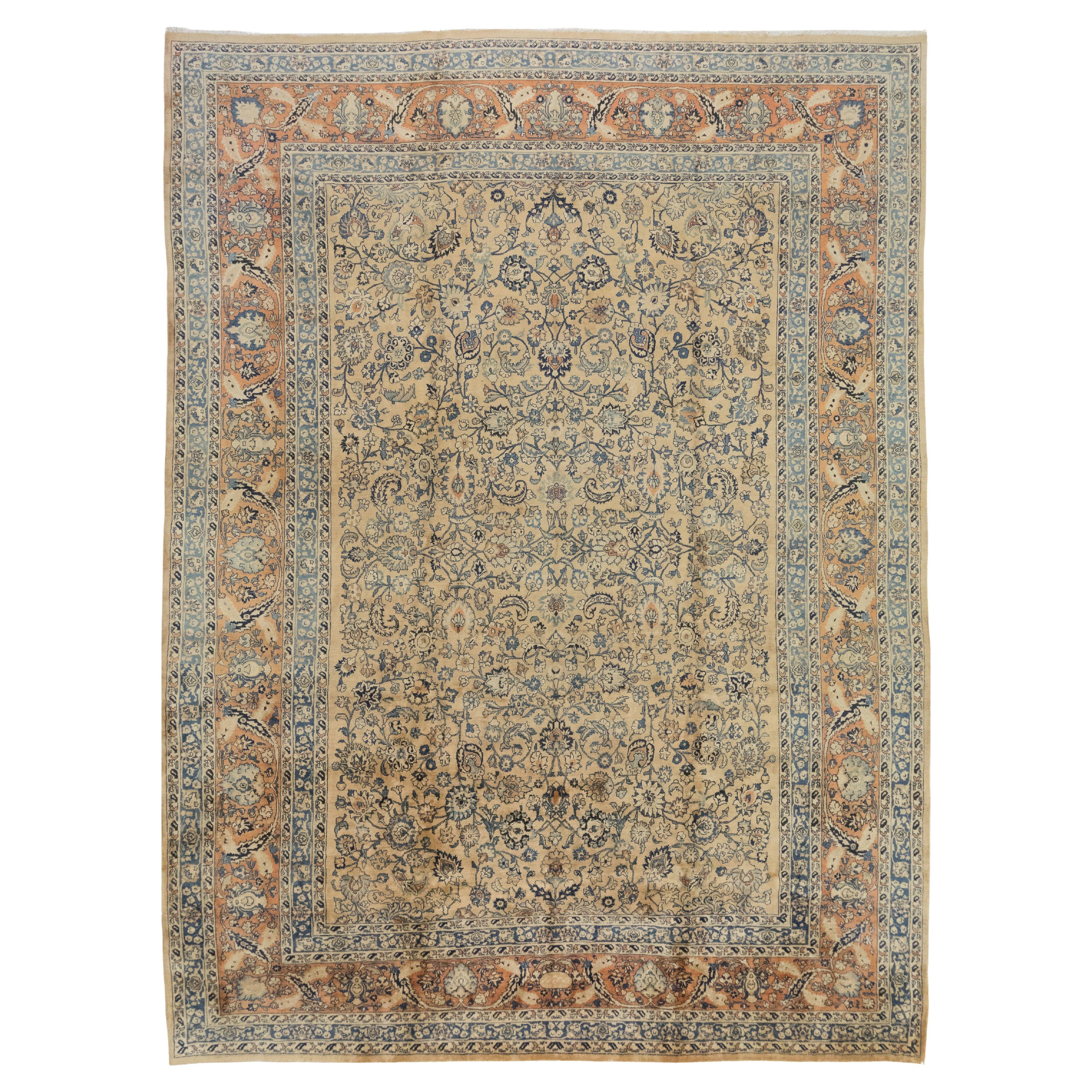 Persian Sarough Rug, Hand Knotted, 15.2x11.3 ft – Beige & Blue