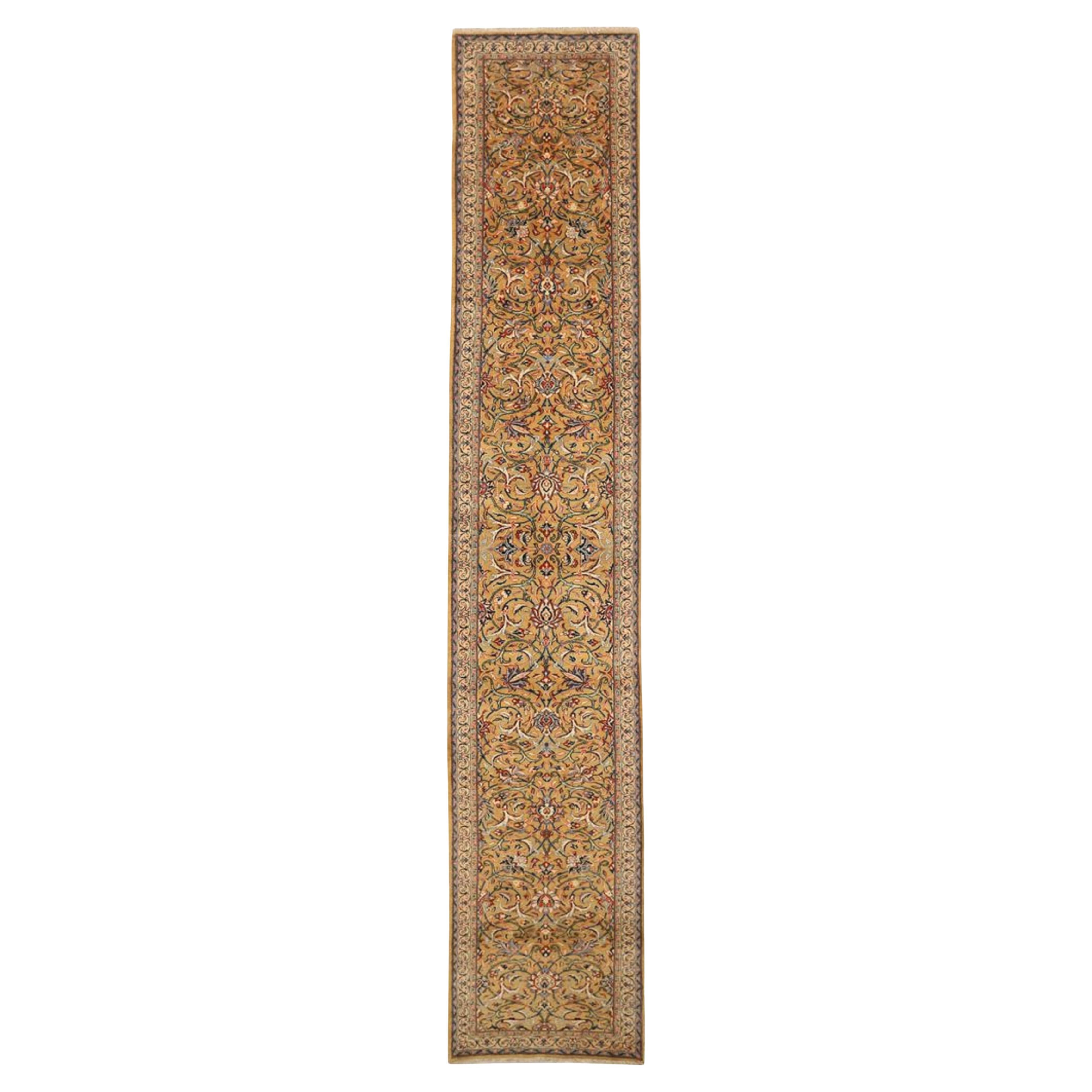 Persian Sarouk Runner Rug Circa 1940 - Wool Ivory Navy Blue Yellow 72049