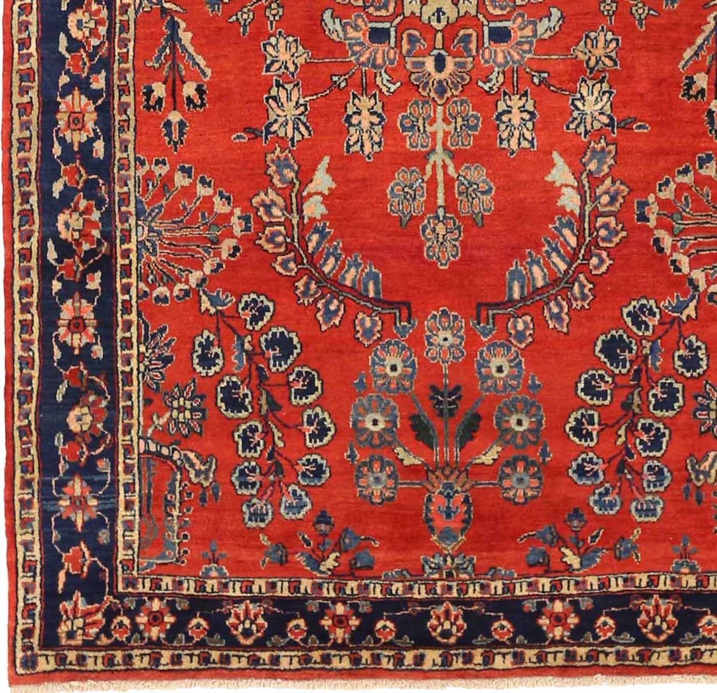 Asian Persian Sarouk Small Rug Circa 1910 - Wool Ivory Navy Blue Red 72194 For Sale
